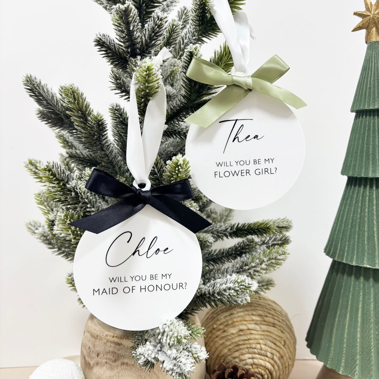 Personalised Bridesmaid Proposal Bauble | White Acrylic Wedding Keepsake Gift | Christmas Wedding Gift