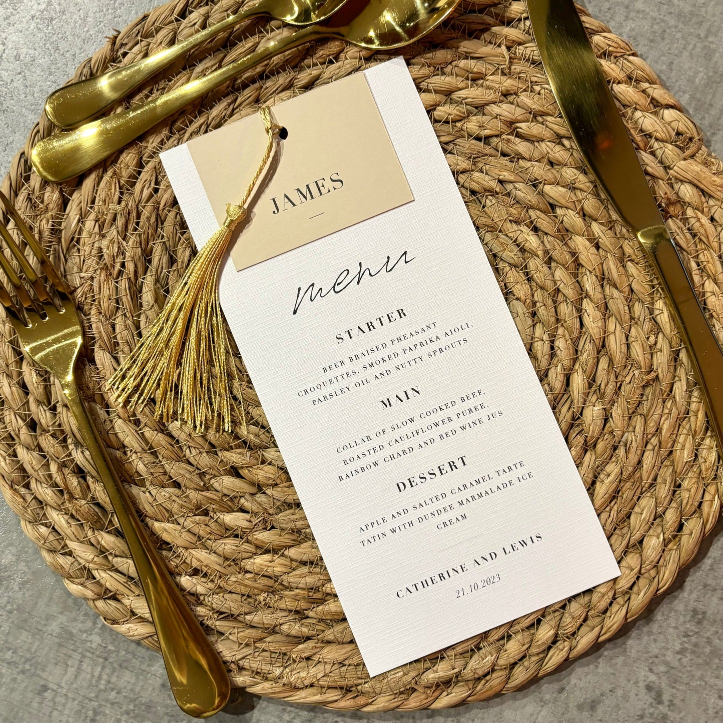 The Gatsby- Individual Minimalist Menu Card, Name & Tassel
