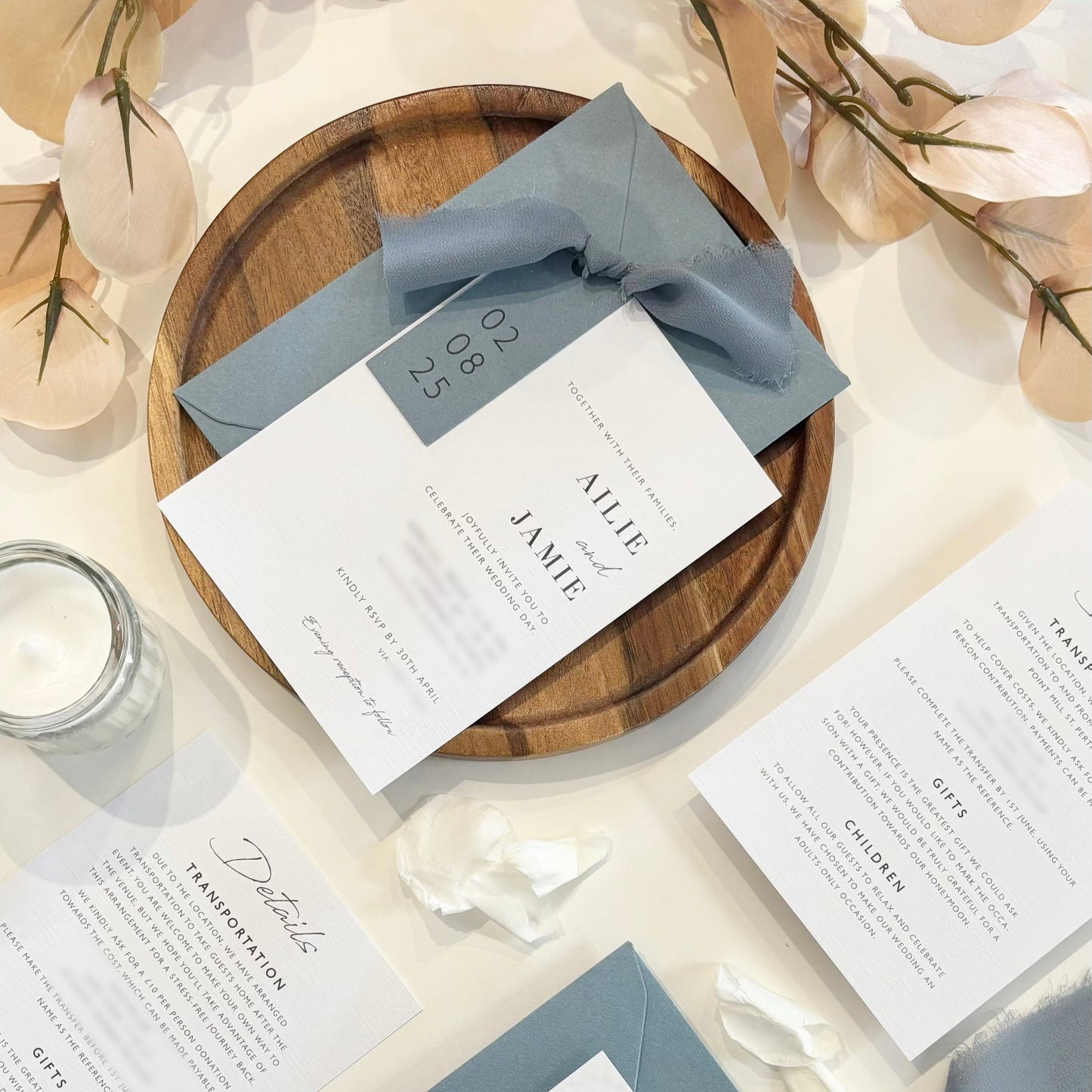 The Sophie - Luxury Ribbon Evening Wedding Invitation & Envelope | Simple stationery | Personalised invitation | Sage green, Pink, Dusky Blue, Burnt Orange