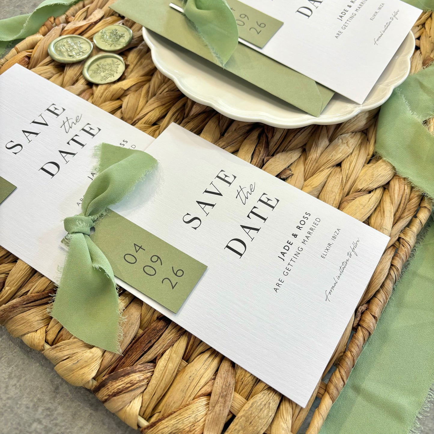 The Sophie - Save the date luxury Ribbon Wedding & Envelope | Simple stationery | Personalised invitation | Sage green, Pink, Dusky Blue, Burnt Orange