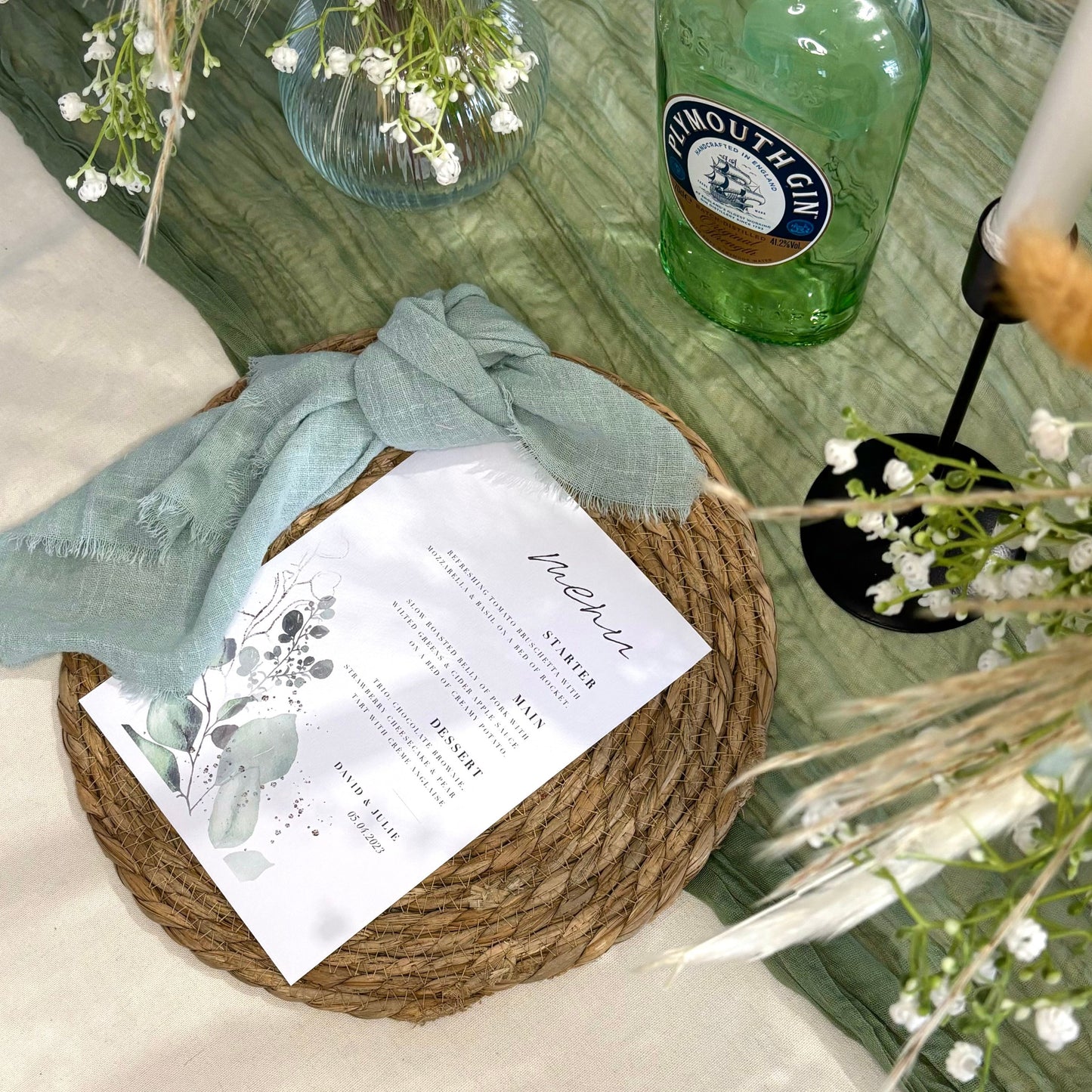 The Bonnie - Green Botanical Menu Card