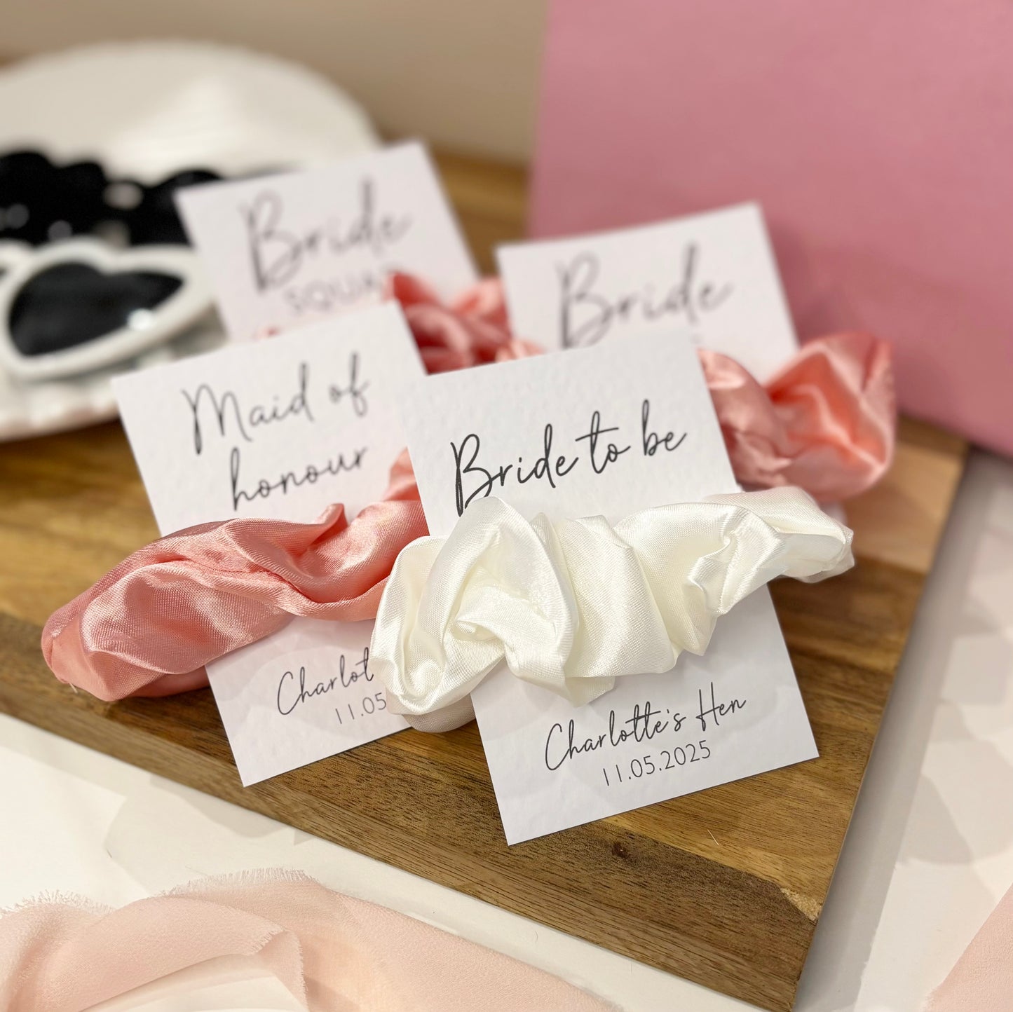 Personalised Pink Satin Hen Party Hair Scrunchies