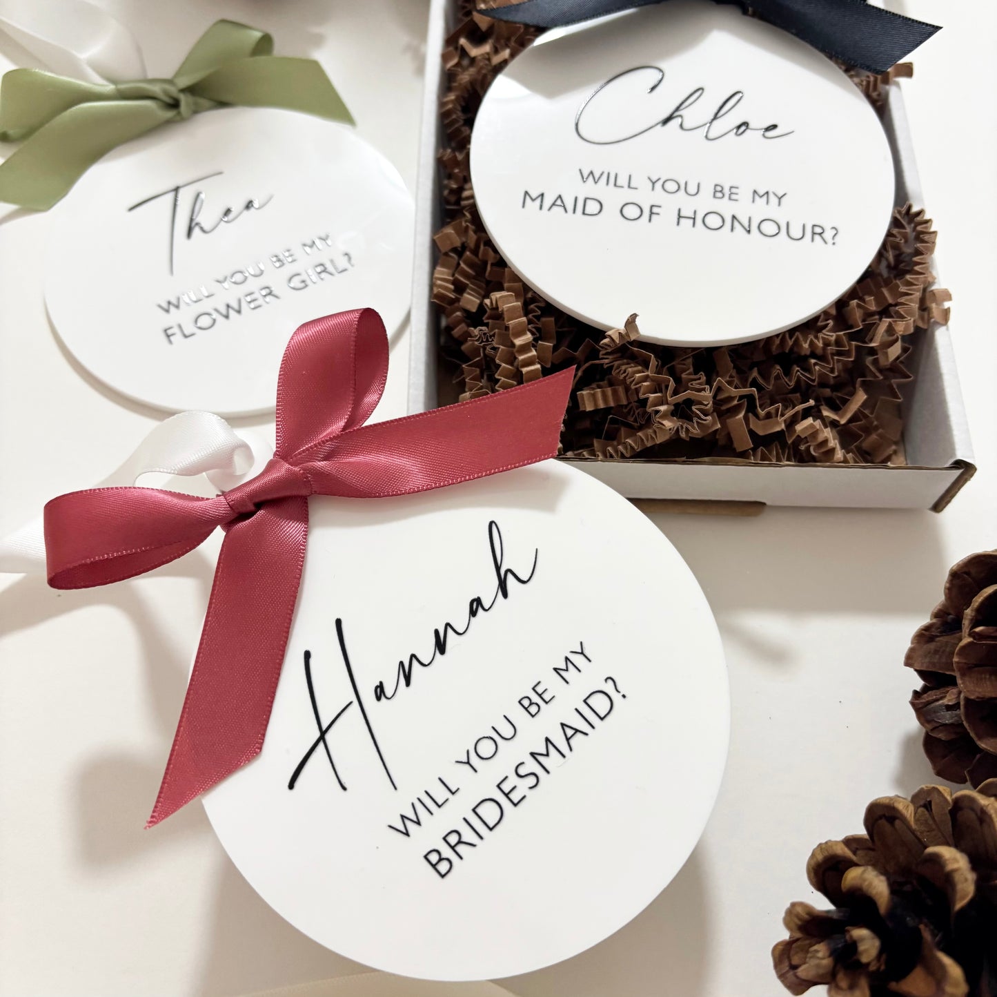 Personalised Bridesmaid Proposal Bauble | White Acrylic Wedding Keepsake Gift | Christmas Wedding Gift