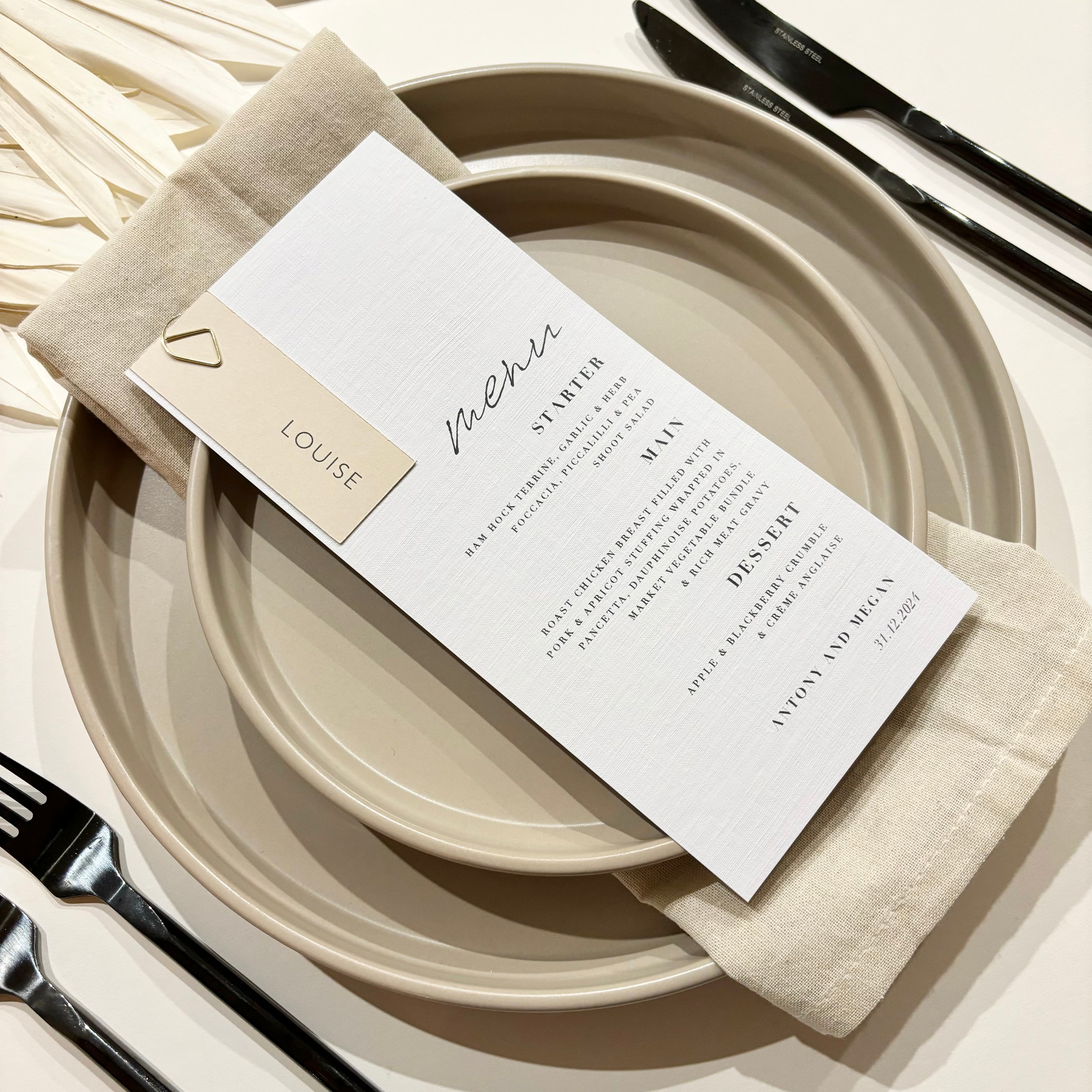 Individual Set Menu The Harper - Individual Minimalist Menu Card & Name – House of Allum Events