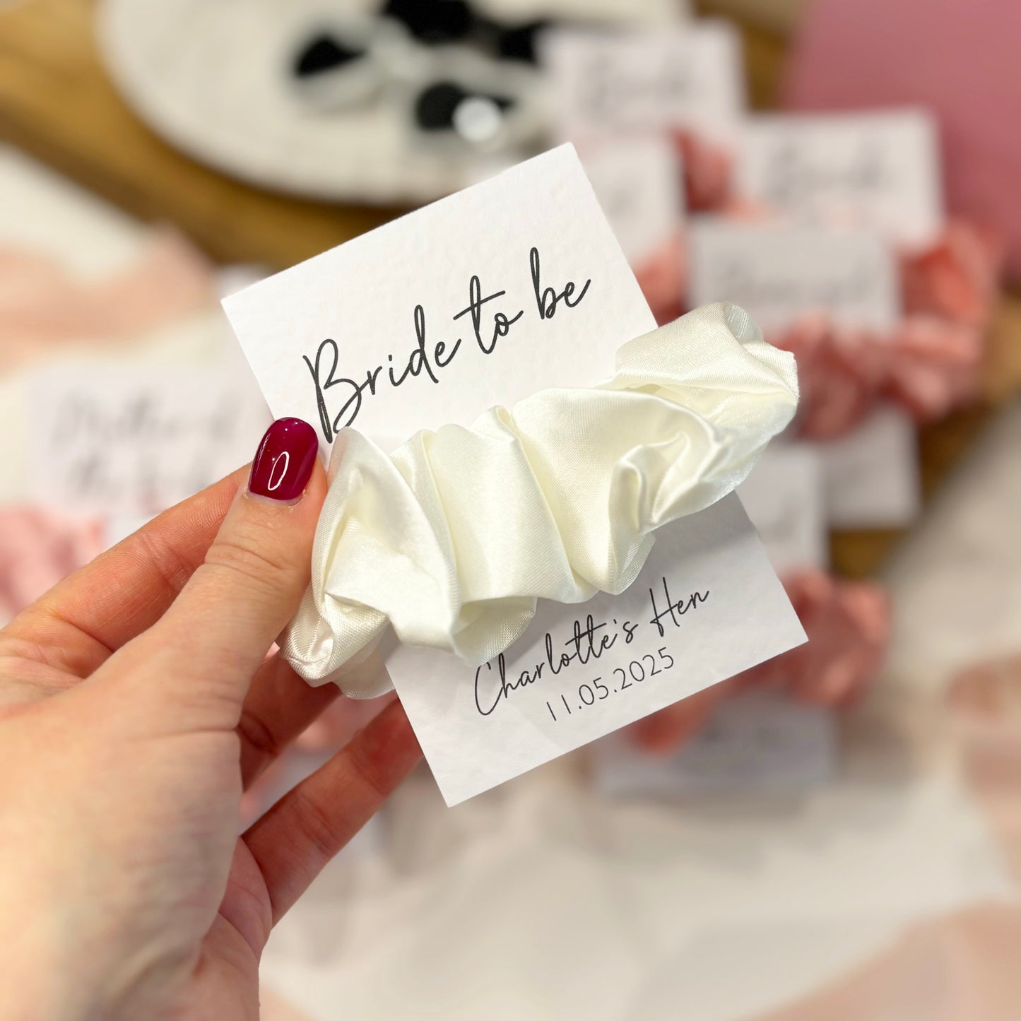 Personalised Pink Satin Hen Party Hair Scrunchies