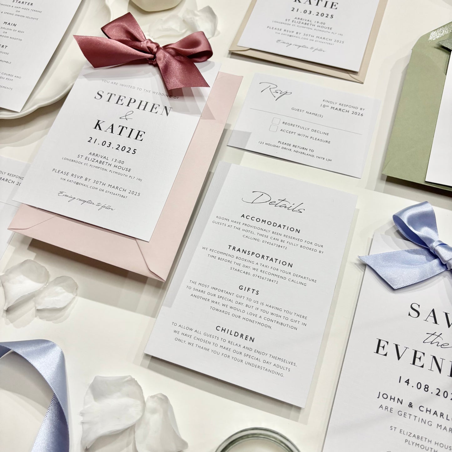 The Betsy - Luxury Satin Bow Save the Date & Envelope