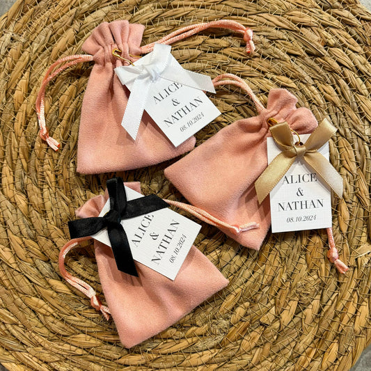 Personalised Pink Wedding Favour Bag, Tag & Ribbon Favours