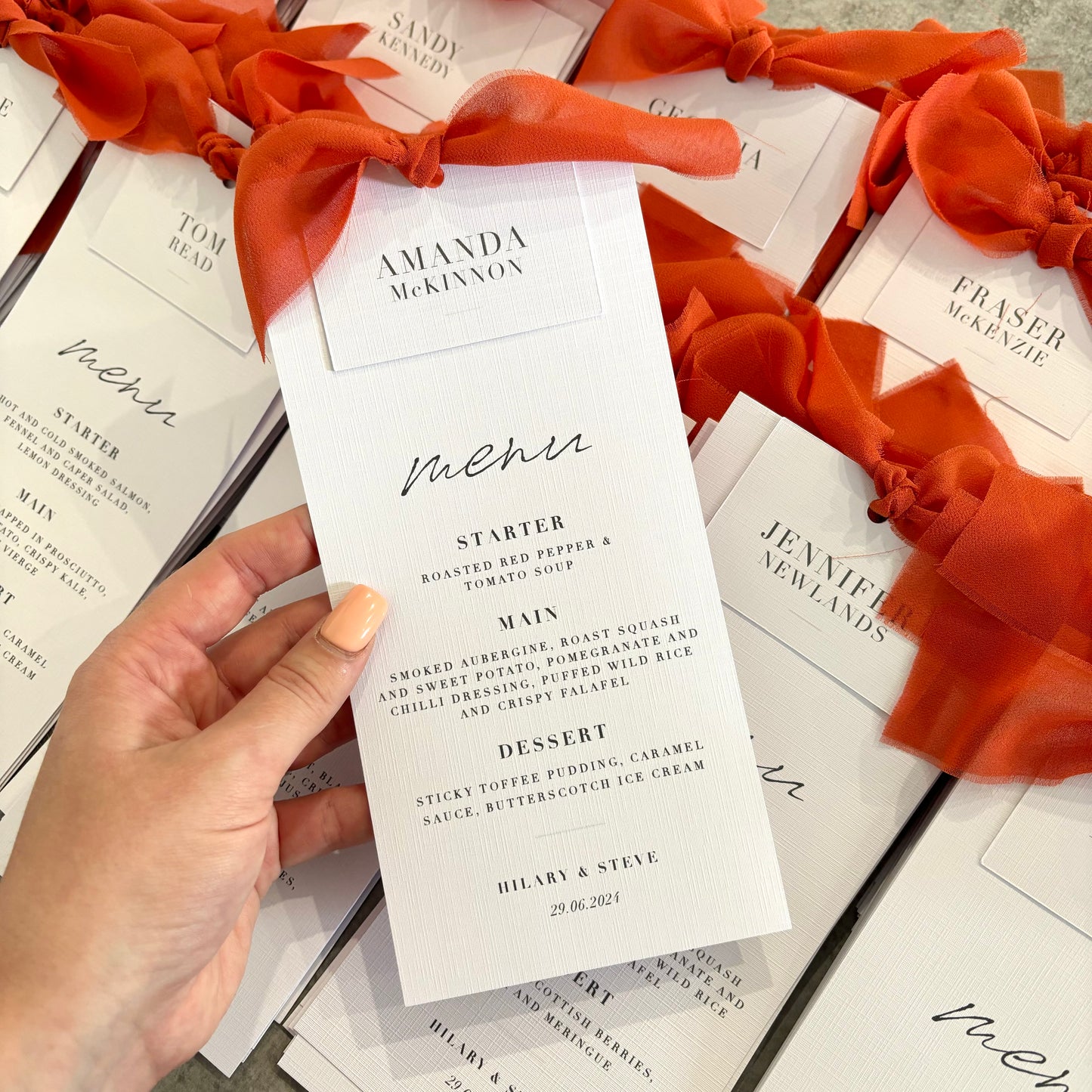 The Martha - Individual Minimalist Menu Card, Name & Ribbon