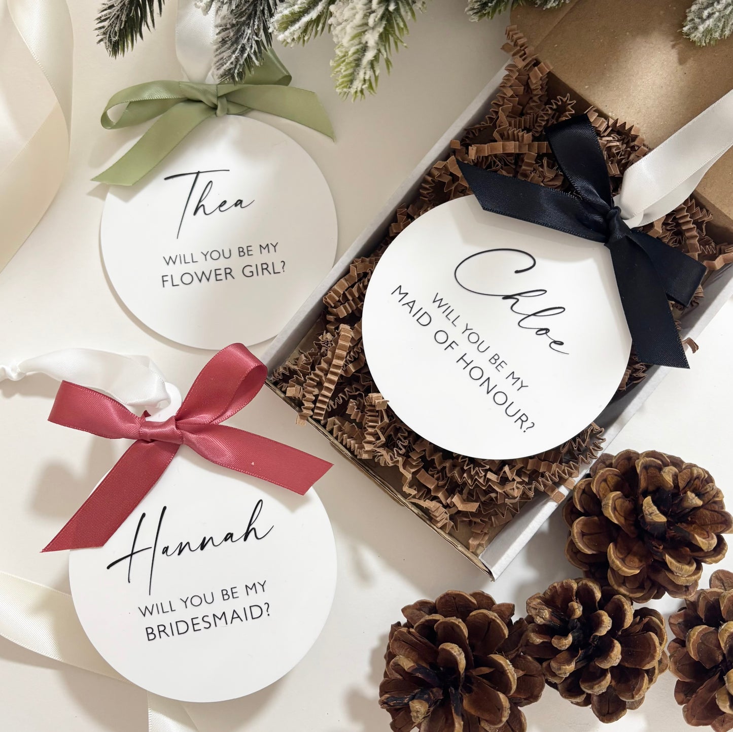 Personalised Bridesmaid Proposal Bauble | White Acrylic Wedding Keepsake Gift | Christmas Wedding Gift