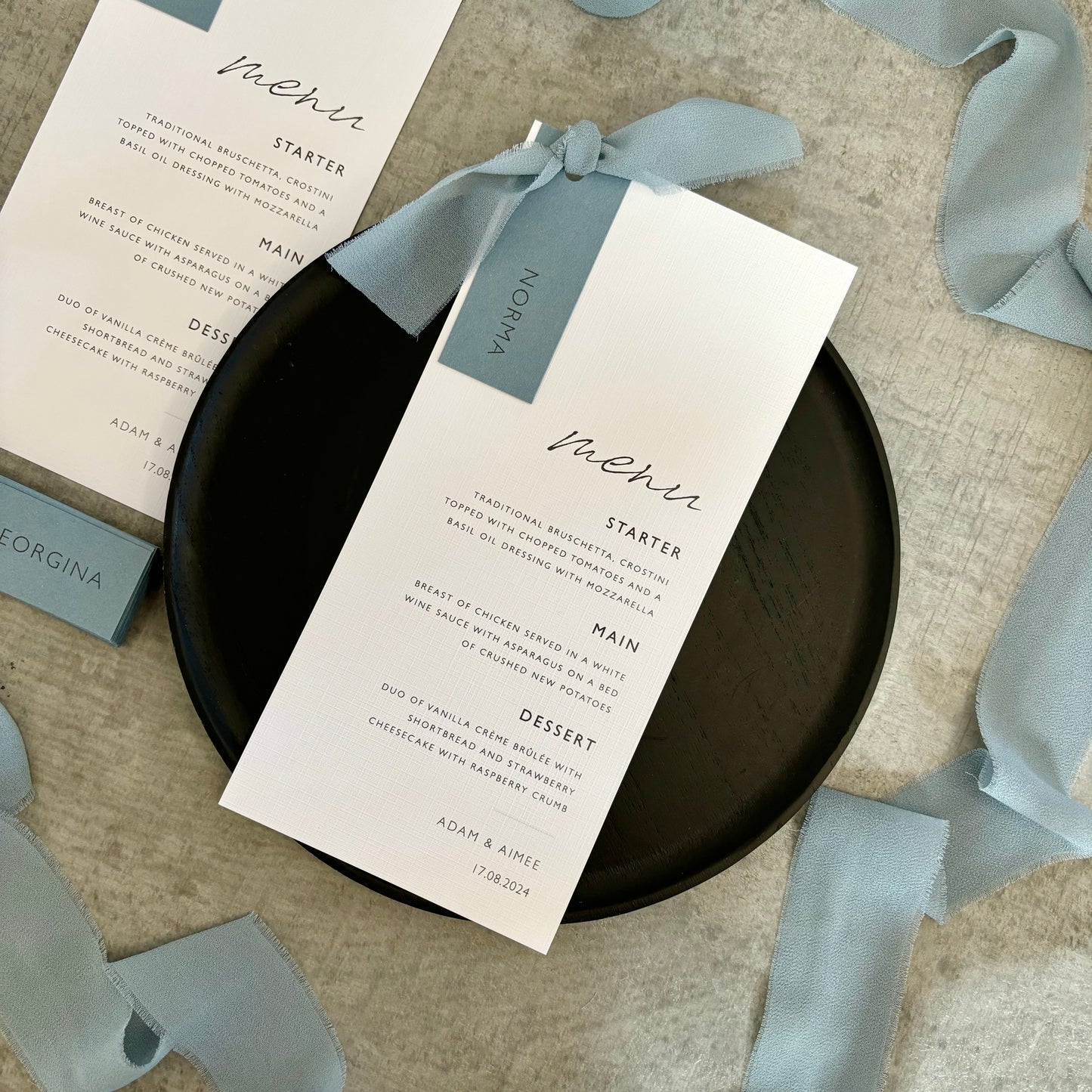 The Sophie - Luxury Ribbon Wedding Menu Card & Name