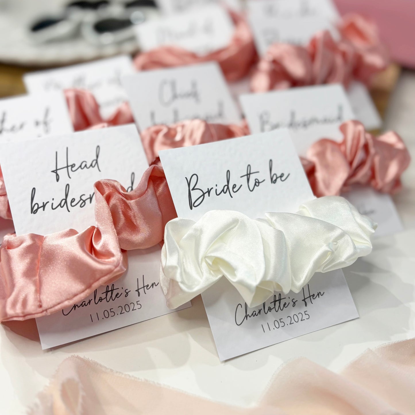 Personalised Pink Satin Hen Party Hair Scrunchies