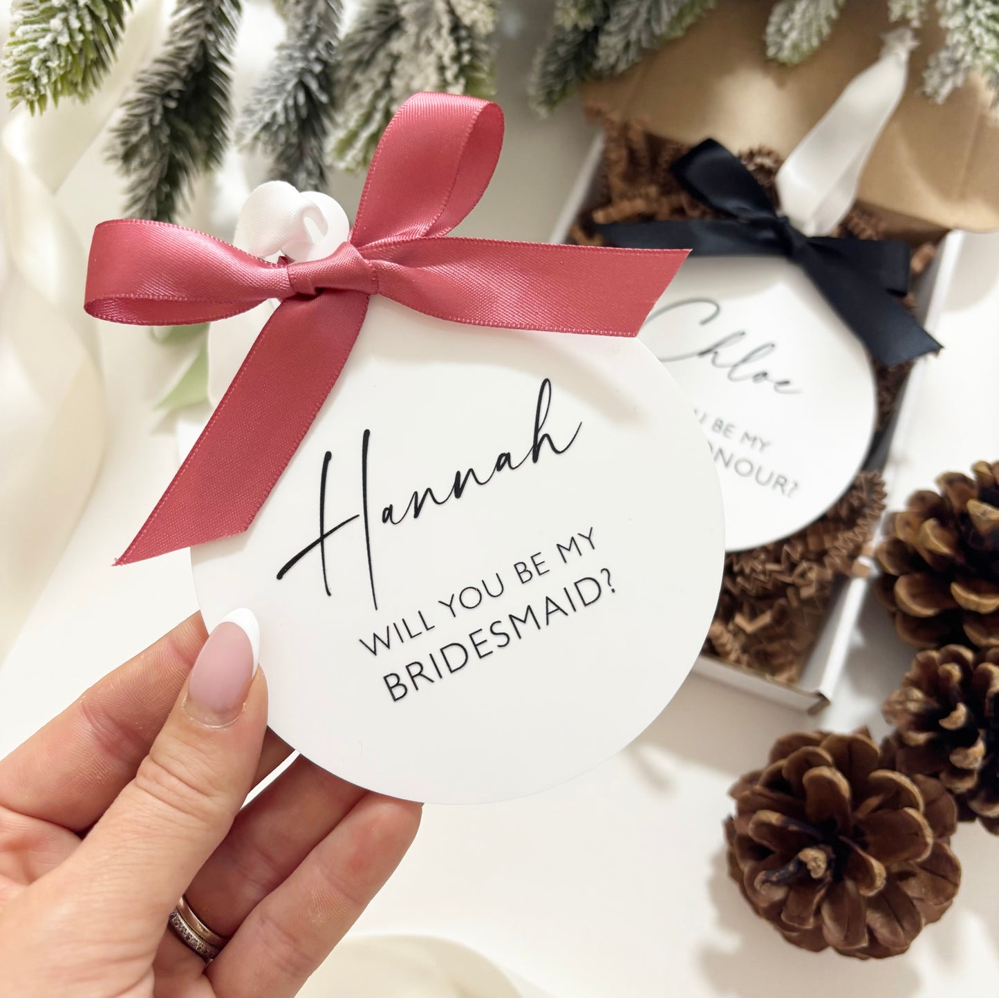 Personalised Bridesmaid Proposal Bauble | White Acrylic Wedding Keepsake Gift | Christmas Wedding Gift