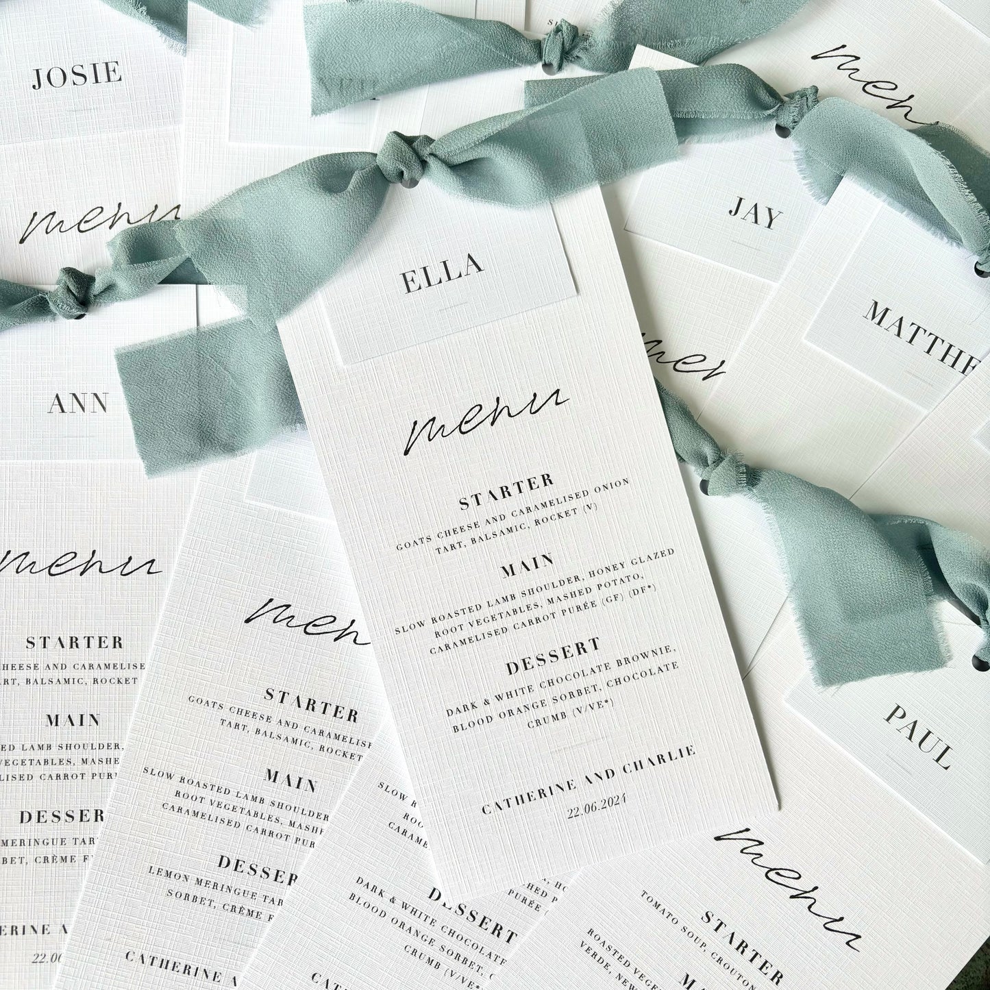 The Martha - Individual Minimalist Menu Card, Name & Ribbon