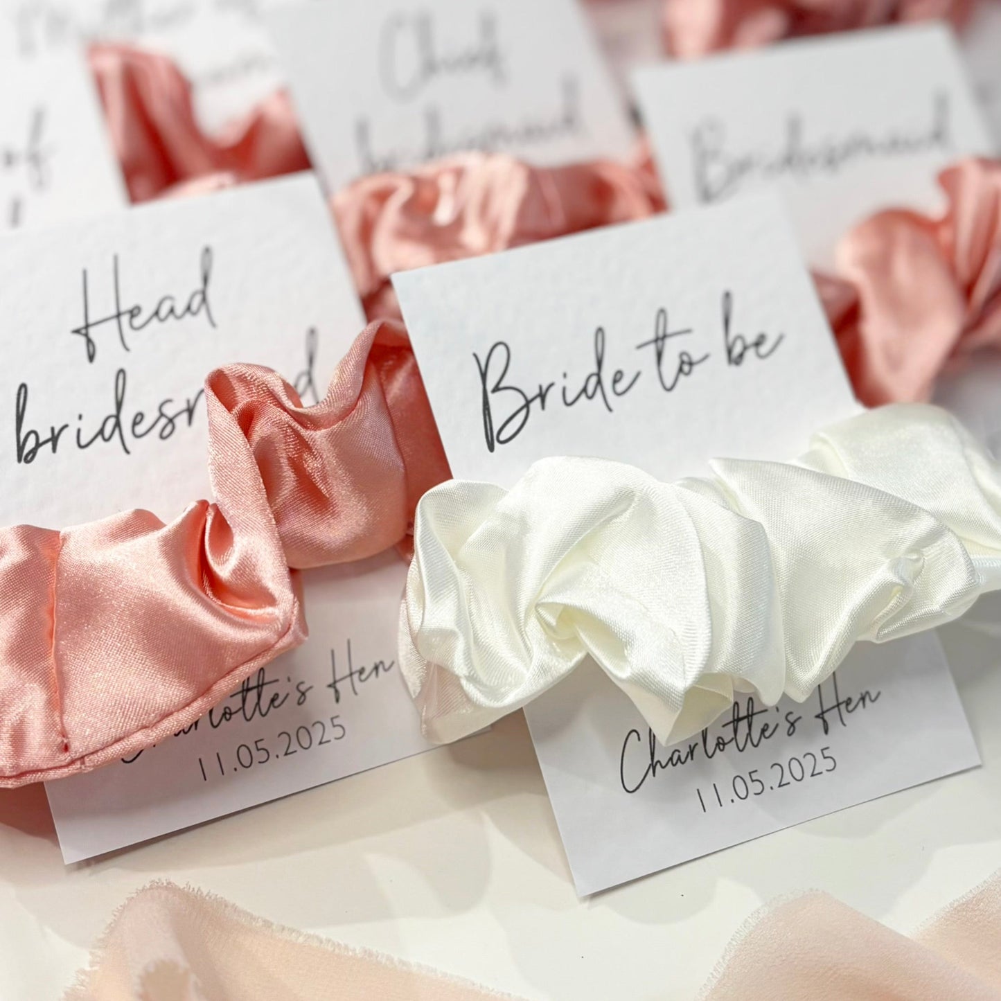 Personalised Pink Satin Hen Party Hair Scrunchies