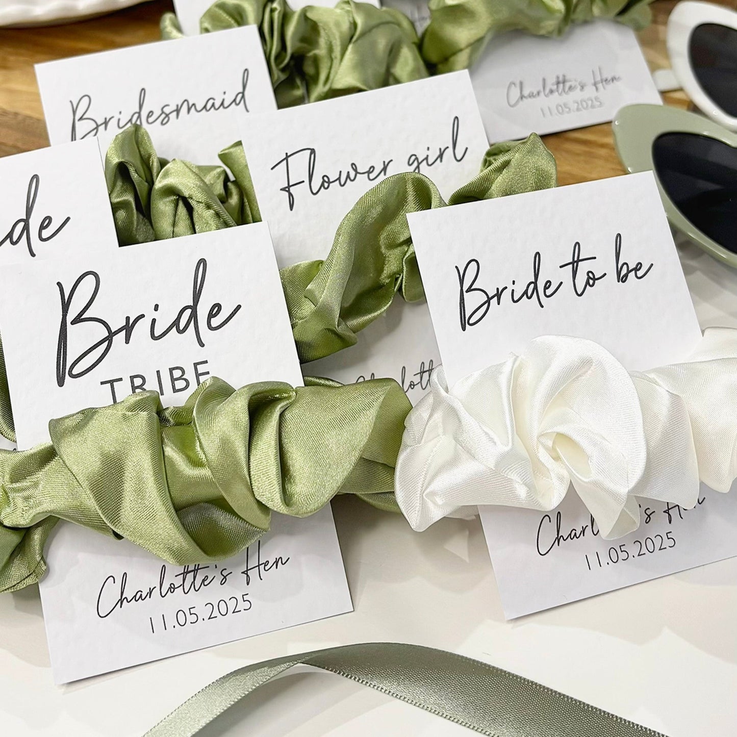 Personalised Sage Satin Green Hen Party Hair Scrunchies