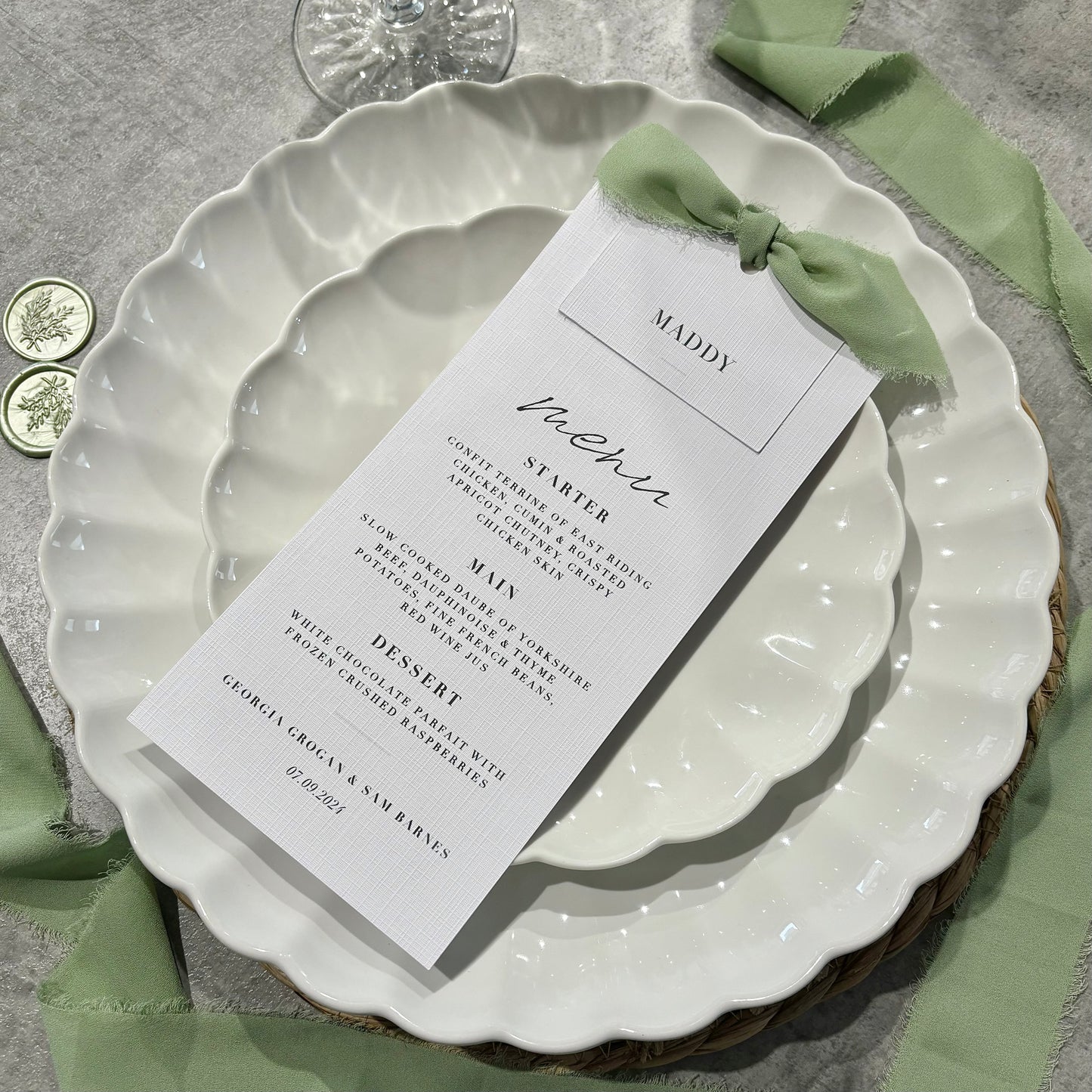 The Martha - Individual Minimalist Menu Card, Name & Ribbon