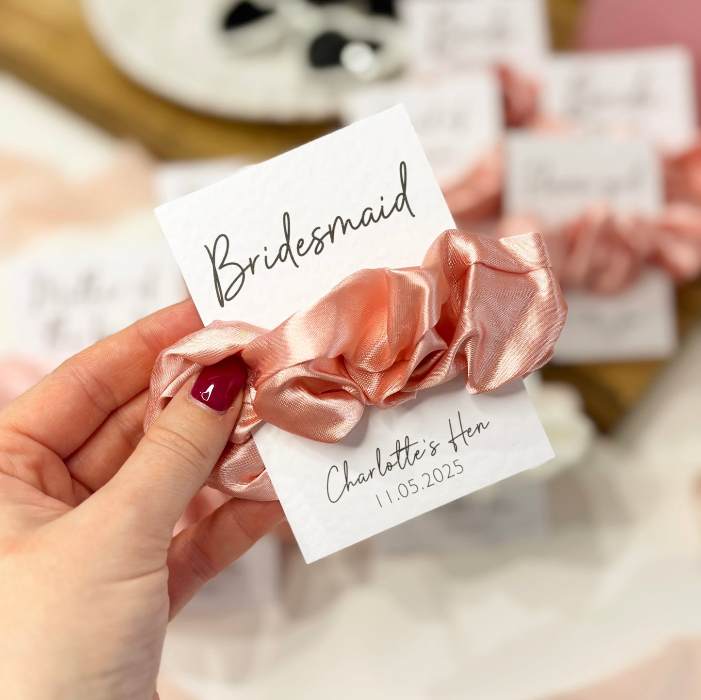 Personalised Pink Satin Hen Party Hair Scrunchies