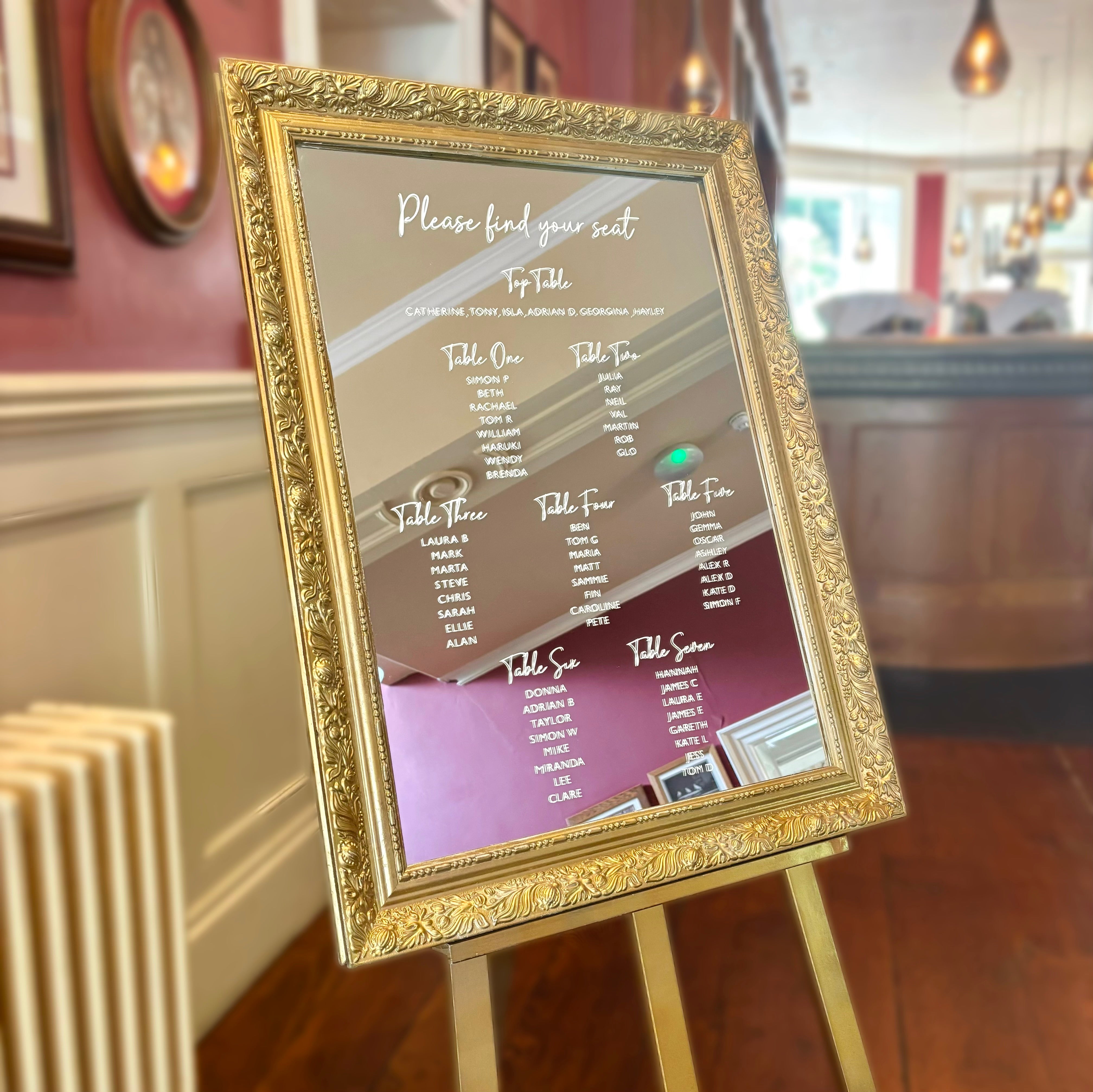 Gold Table Seating Plan Mirror Sign – House of Allum Events