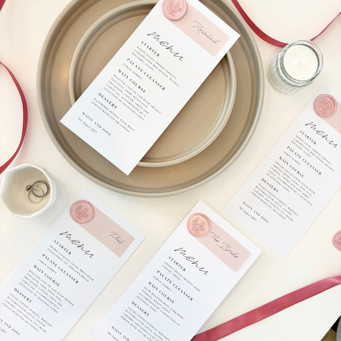 The Wren - Individual Wax Seal Minimalist Menu Card & Name