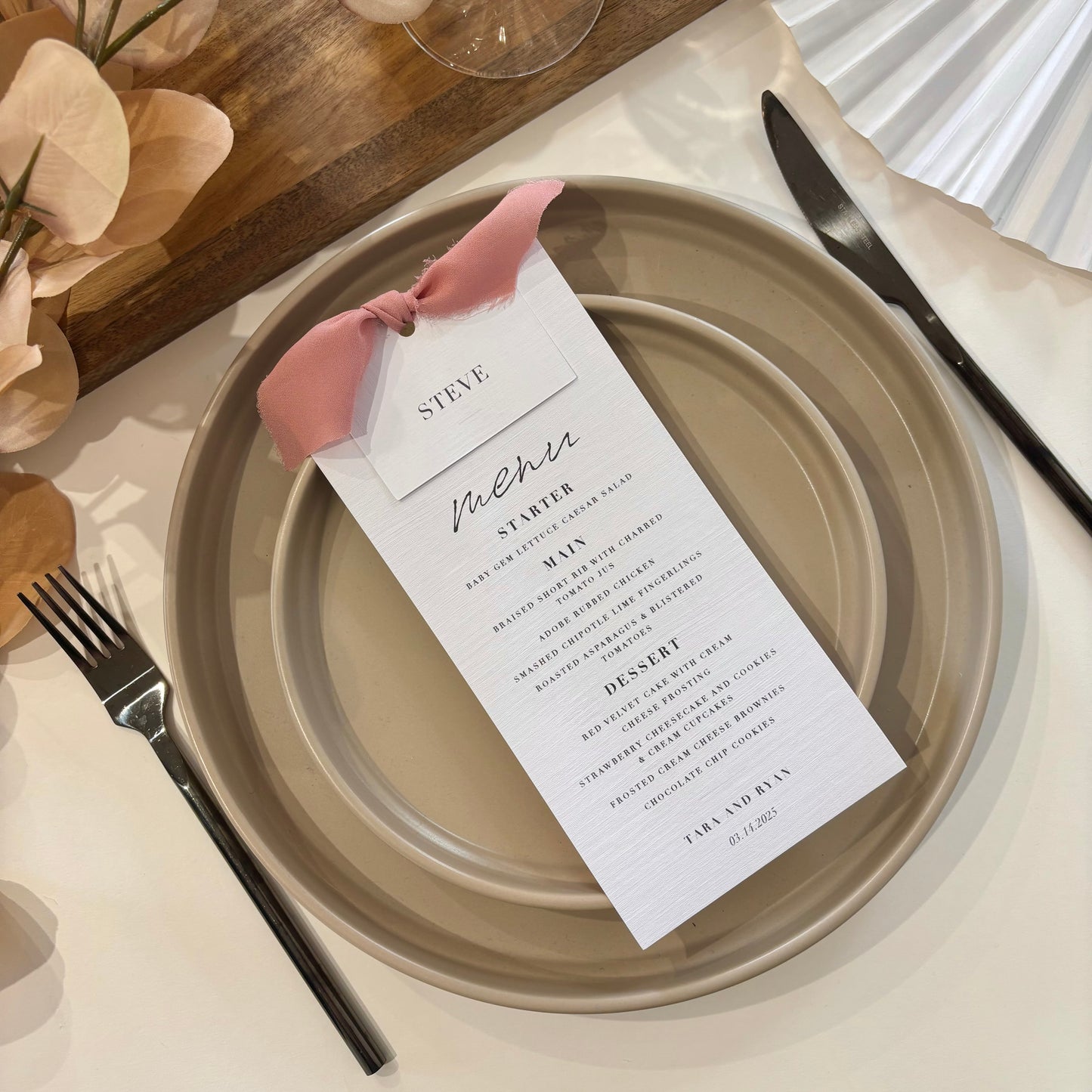 The Martha - Individual Minimalist Menu Card, Name & Ribbon