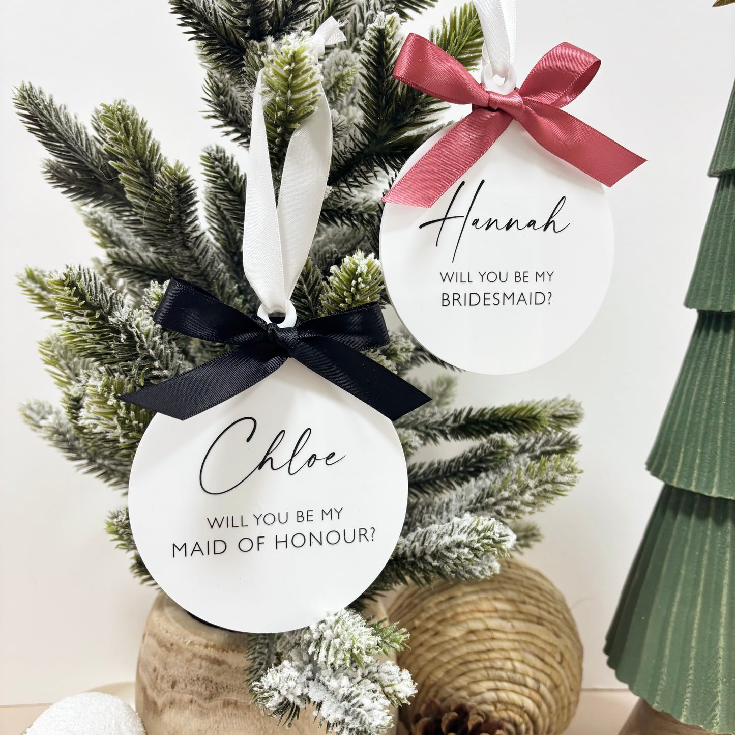 Personalised Bridesmaid Proposal Bauble | White Acrylic Wedding Keepsake Gift | Christmas Wedding Gift