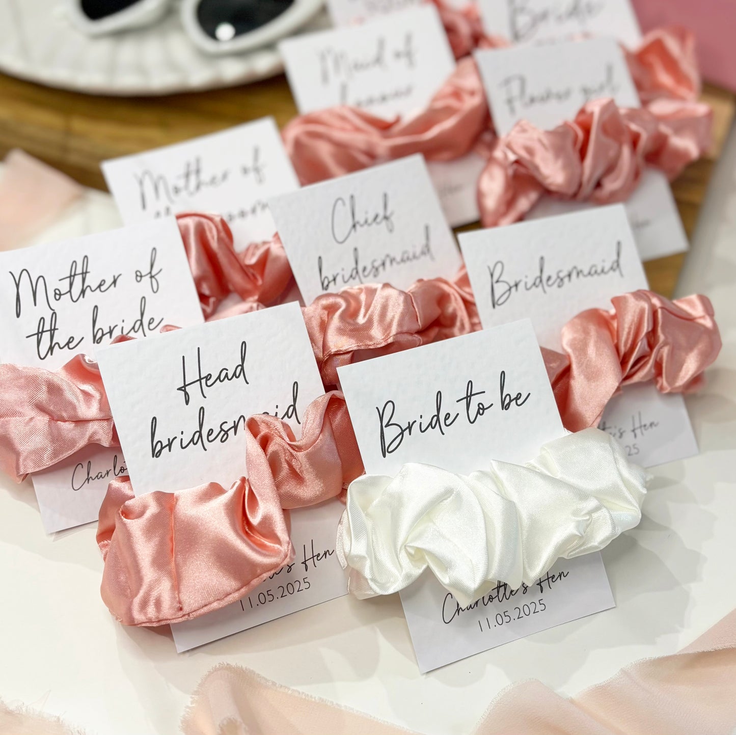 Personalised Pink Satin Hen Party Hair Scrunchies