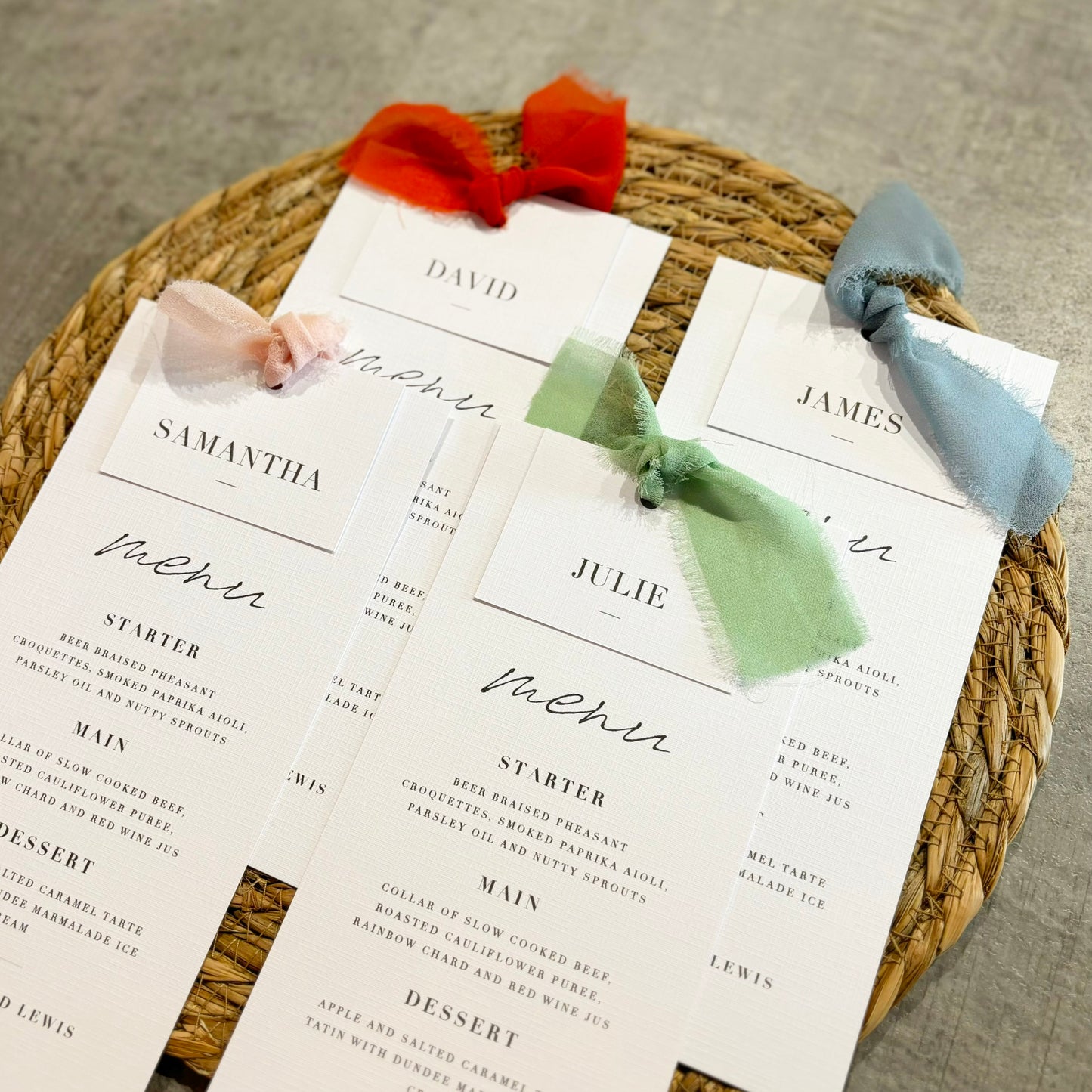 The Martha - Individual Minimalist Menu Card, Name & Ribbon