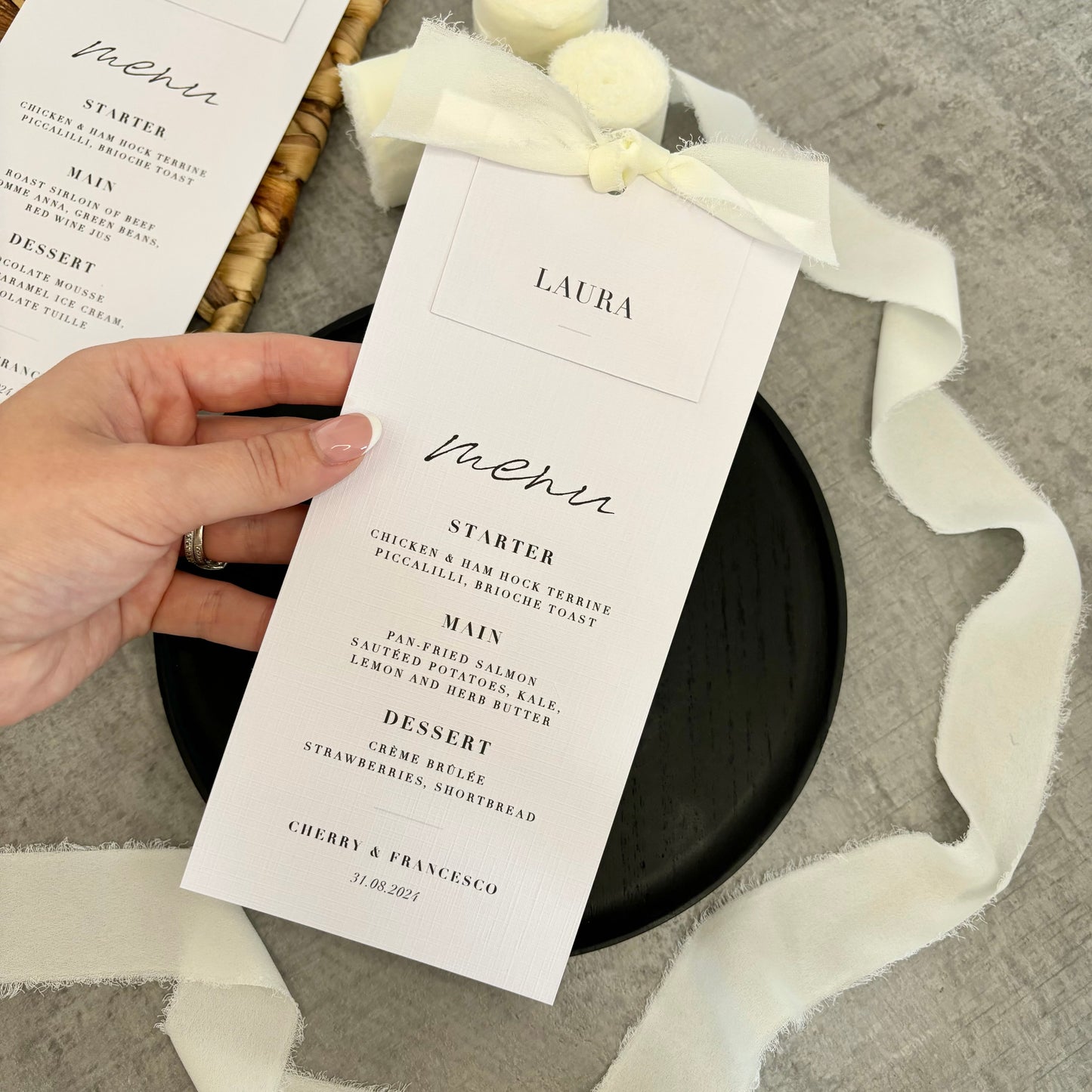 The Martha - Individual Minimalist Menu Card, Name & Ribbon