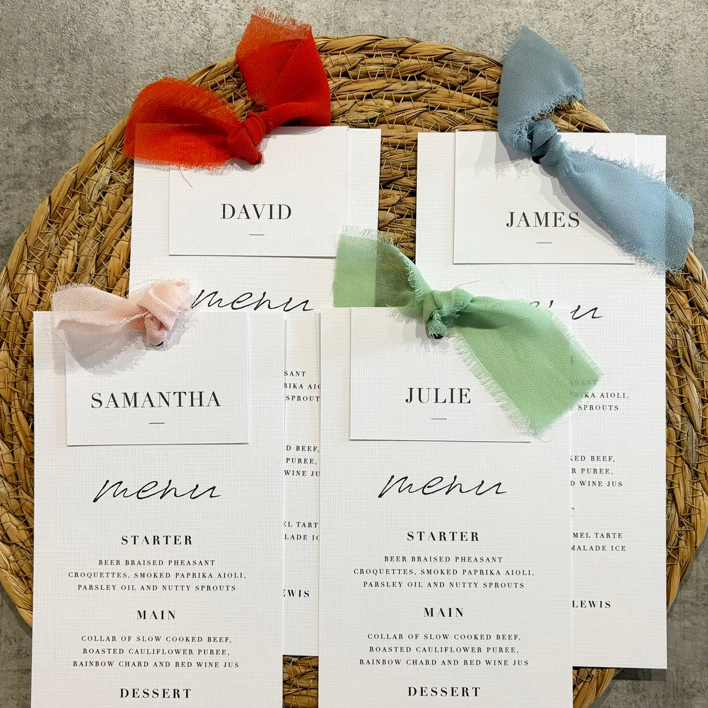 The Martha - Individual Minimalist Menu Card, Name & Ribbon