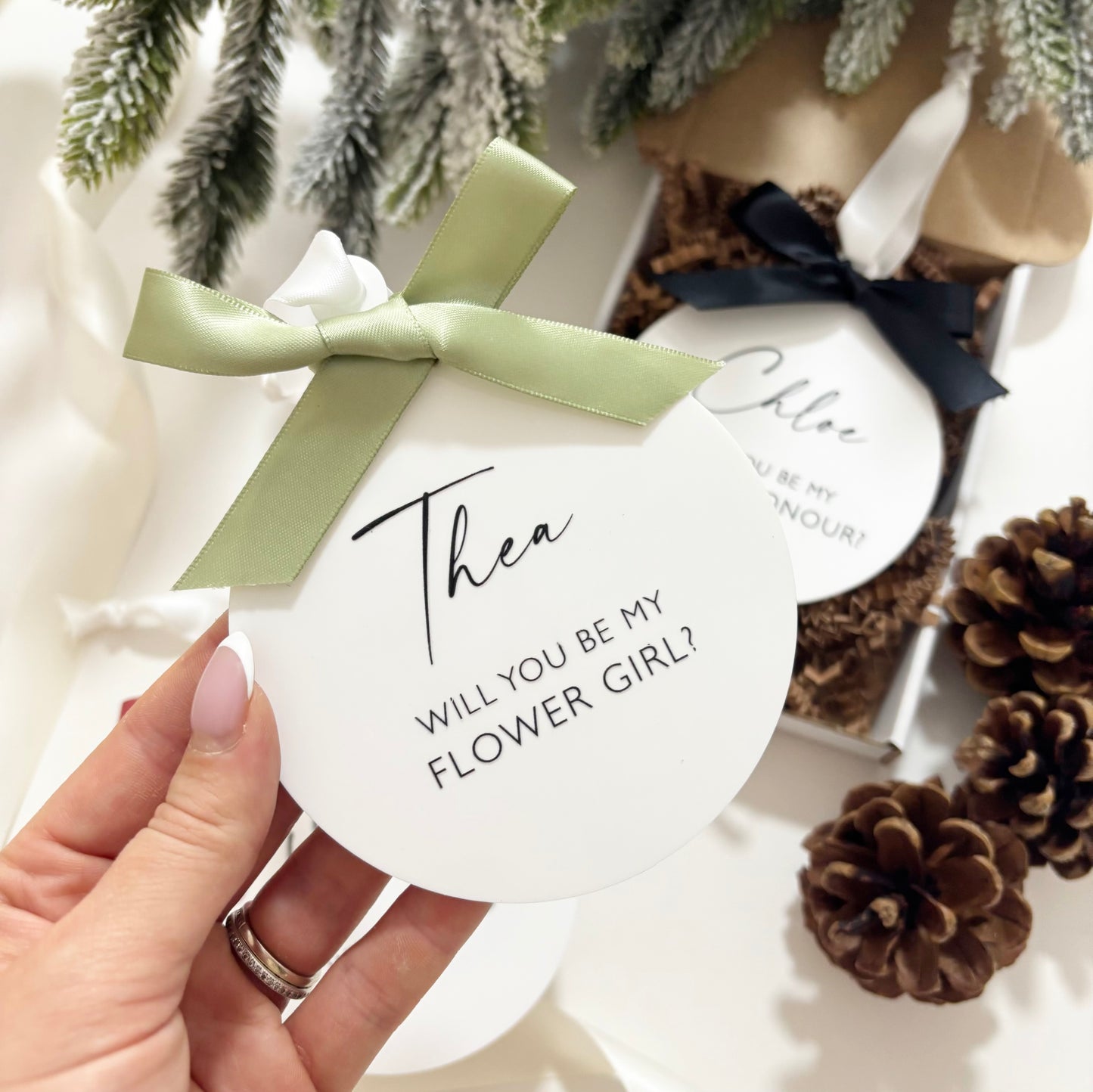 Personalised Bridesmaid Proposal Bauble | White Acrylic Wedding Keepsake Gift | Christmas Wedding Gift