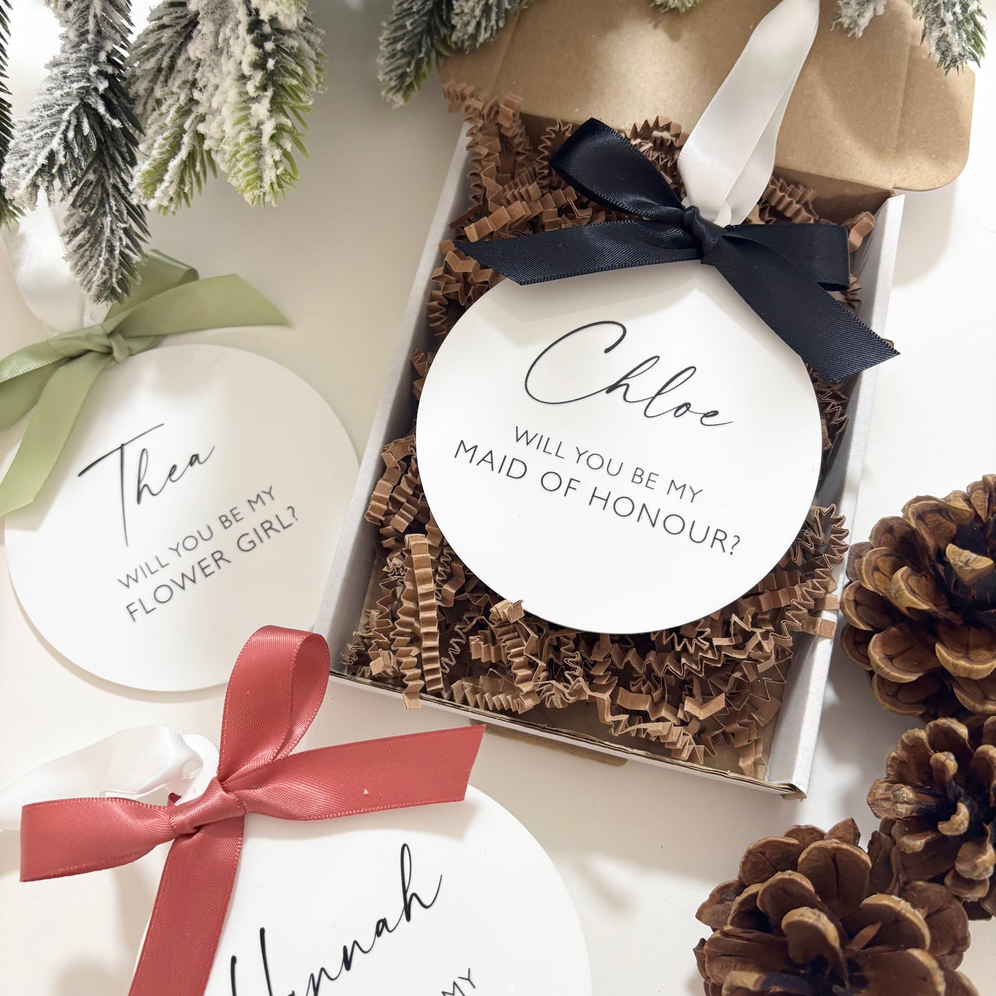 Personalised Bridesmaid Proposal Bauble | White Acrylic Wedding Keepsake Gift | Christmas Wedding Gift