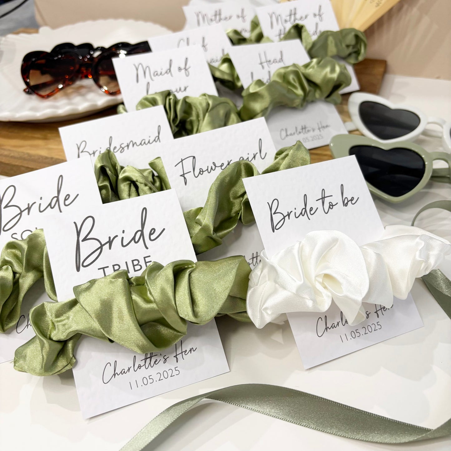 Personalised Sage Satin Green Hen Party Hair Scrunchies