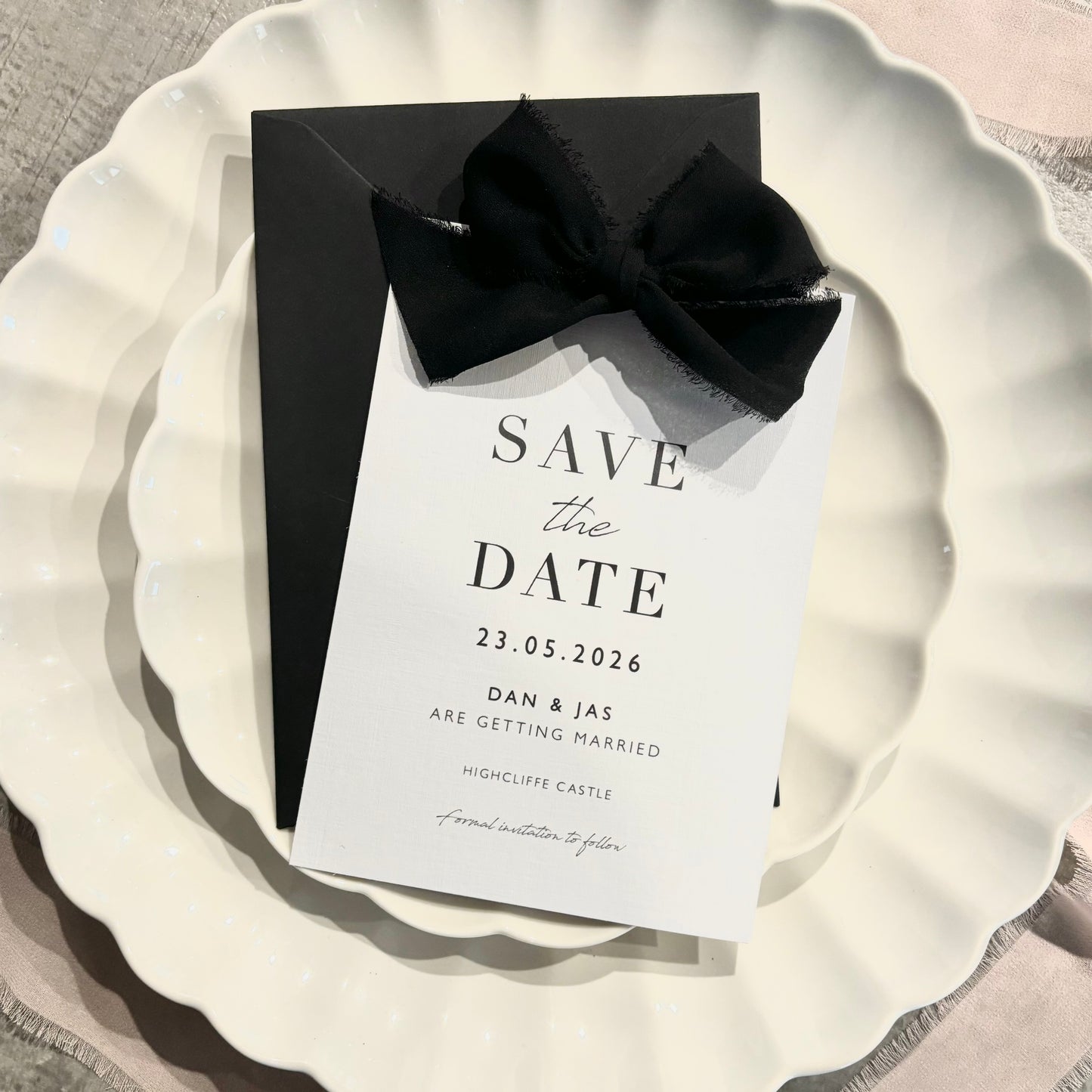 The Betsy - Luxury Raw Trim Bow Save the Date & Envelope