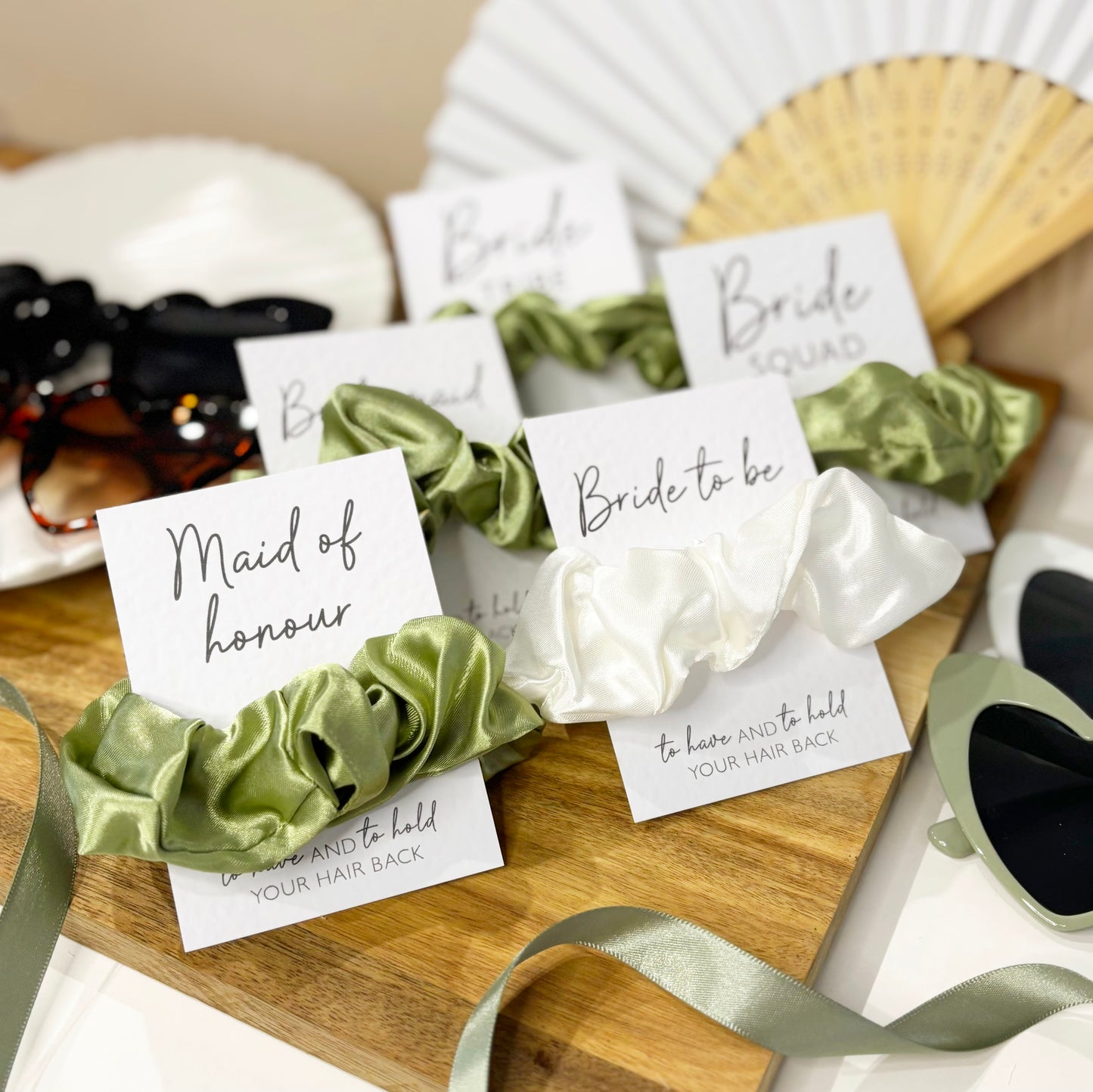 Sage Green Satin Hen Party Hair Scrunchies