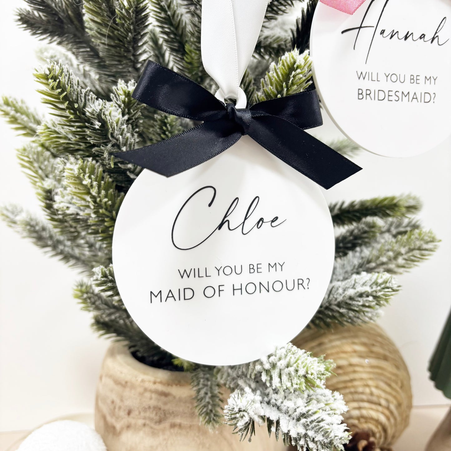 Personalised Bridesmaid Proposal Bauble | White Acrylic Wedding Keepsake Gift | Christmas Wedding Gift