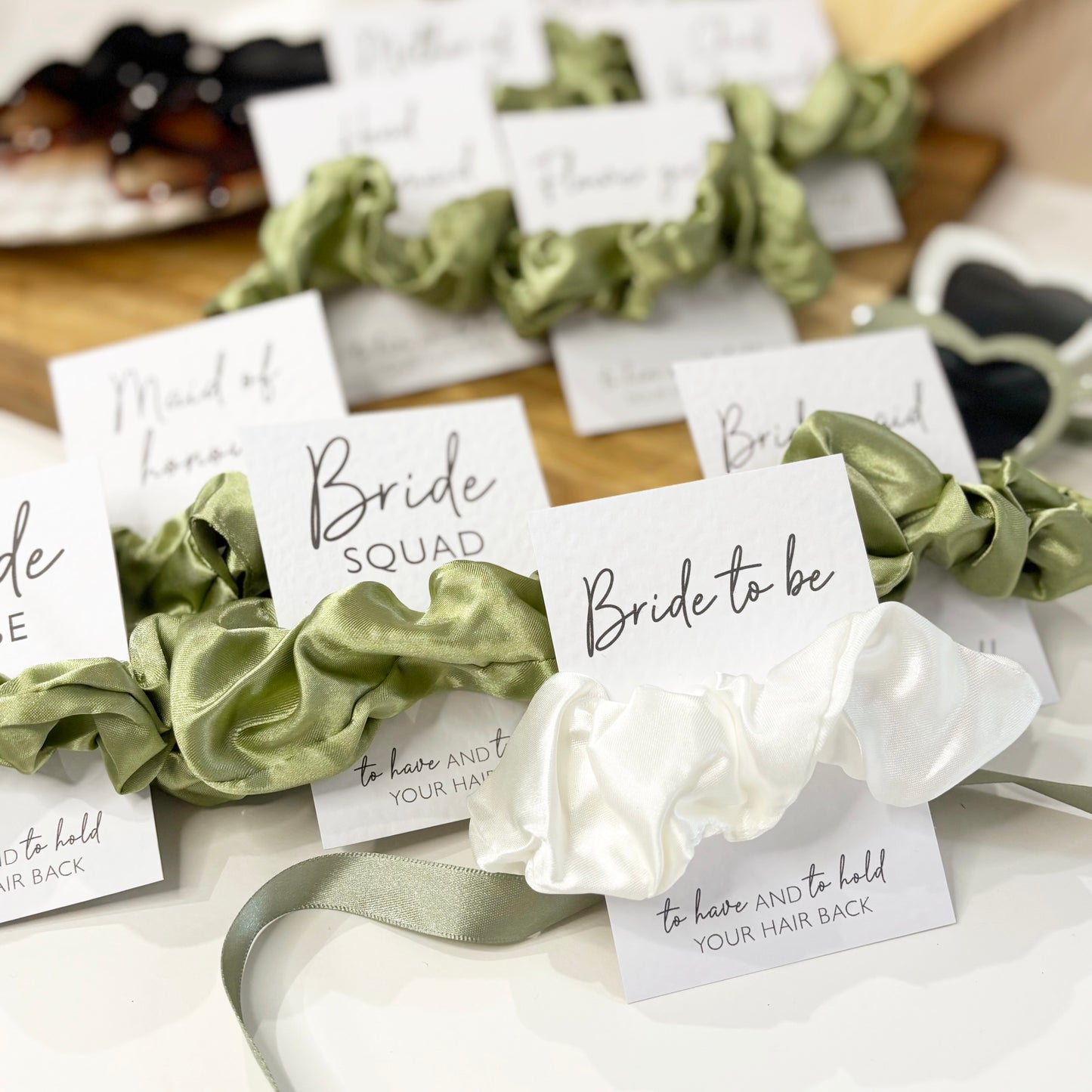 Sage Green Satin Hen Party Hair Scrunchies