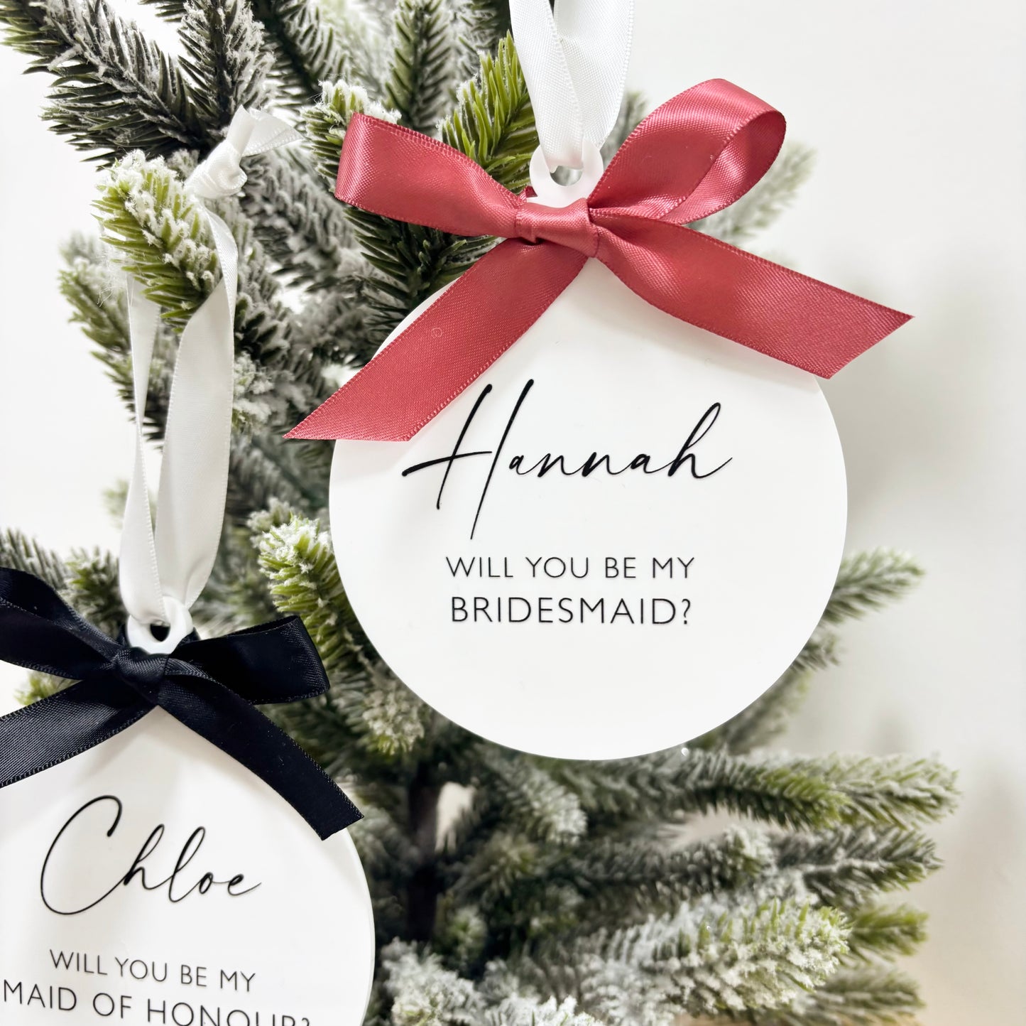 Personalised Bridesmaid Proposal Bauble | White Acrylic Wedding Keepsake Gift | Christmas Wedding Gift