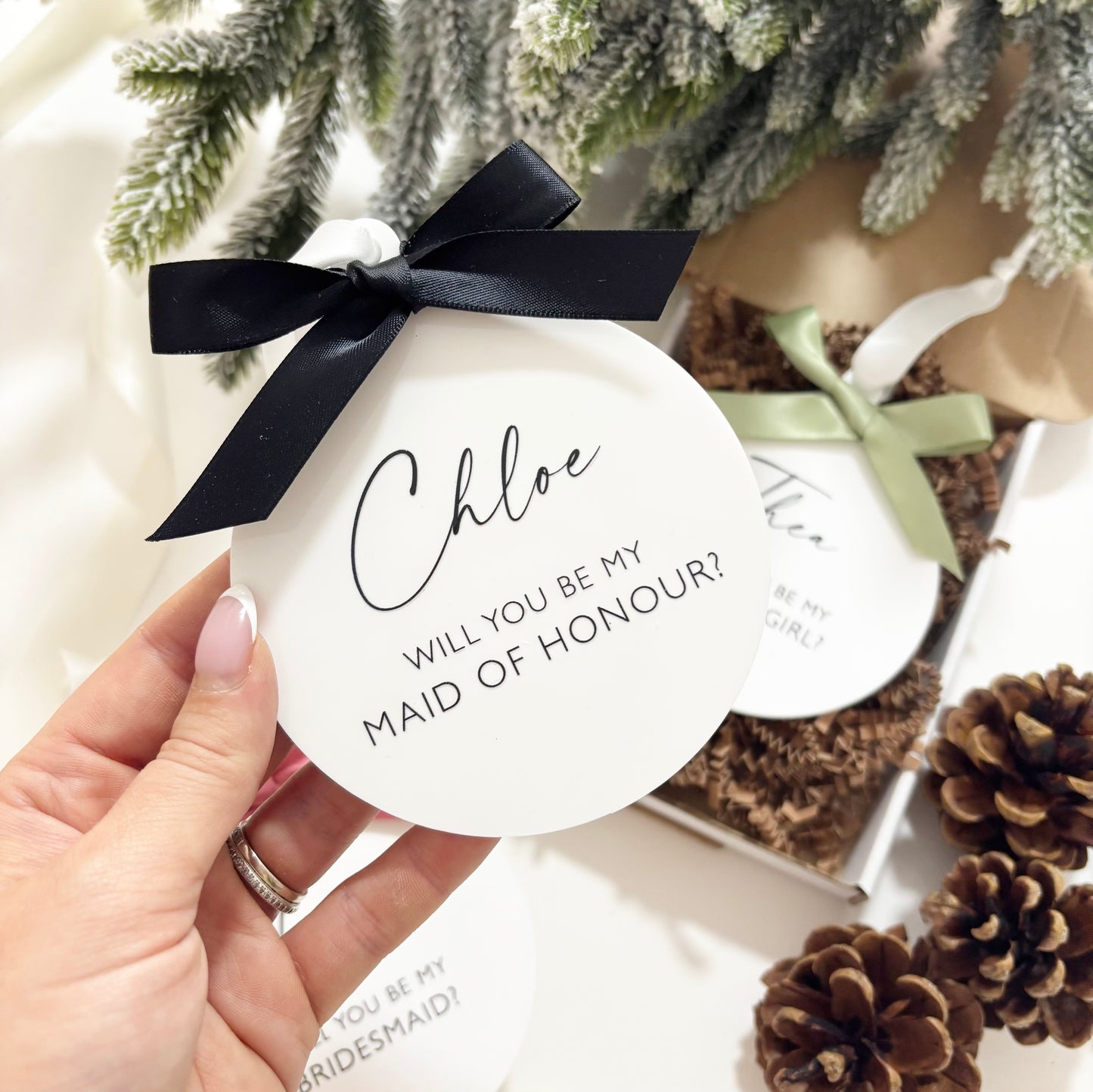 Personalised Bridesmaid Proposal Bauble | White Acrylic Wedding Keepsake Gift | Christmas Wedding Gift
