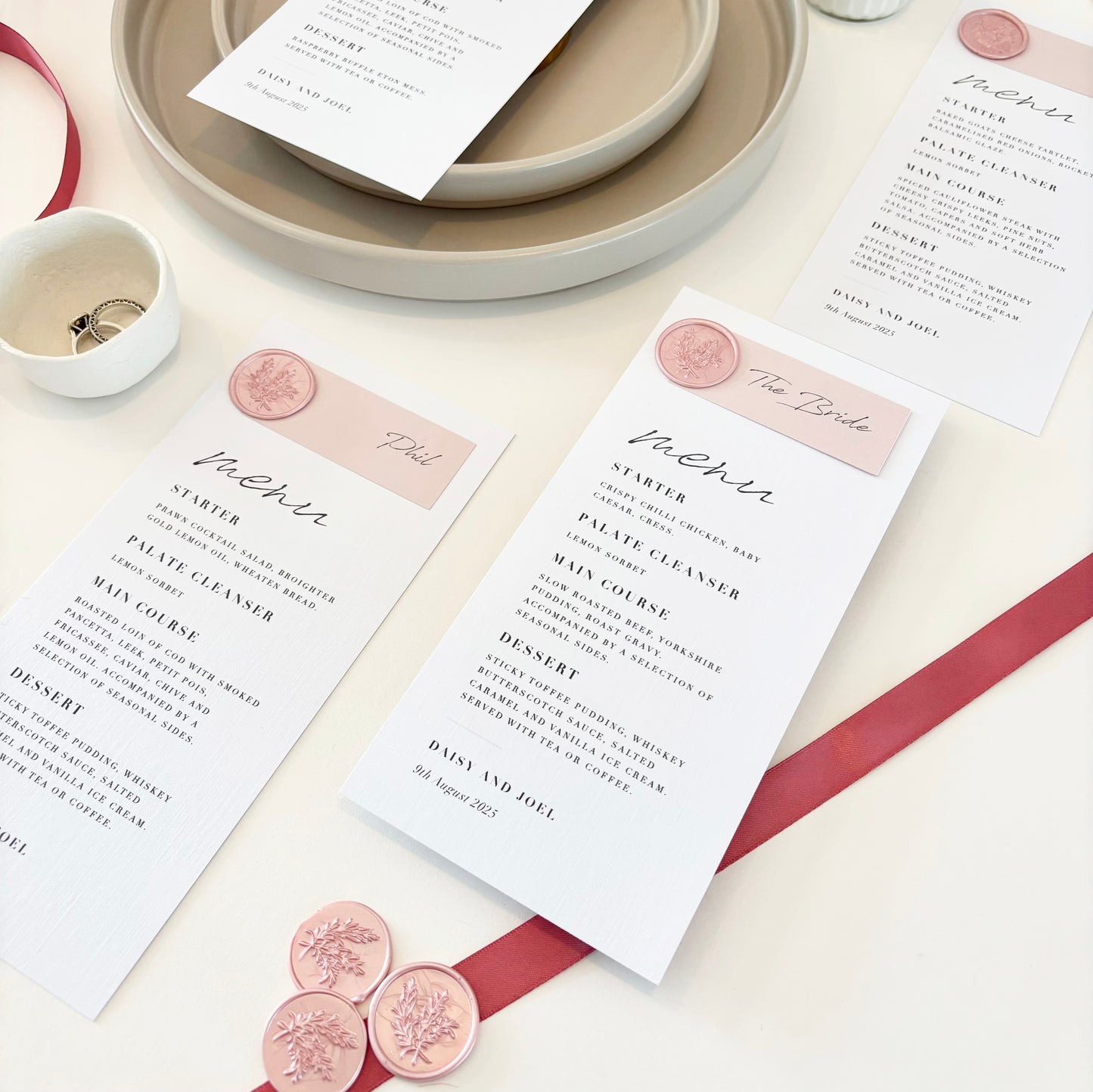 The Wren - Individual Wax Seal Minimalist Menu Card & Name
