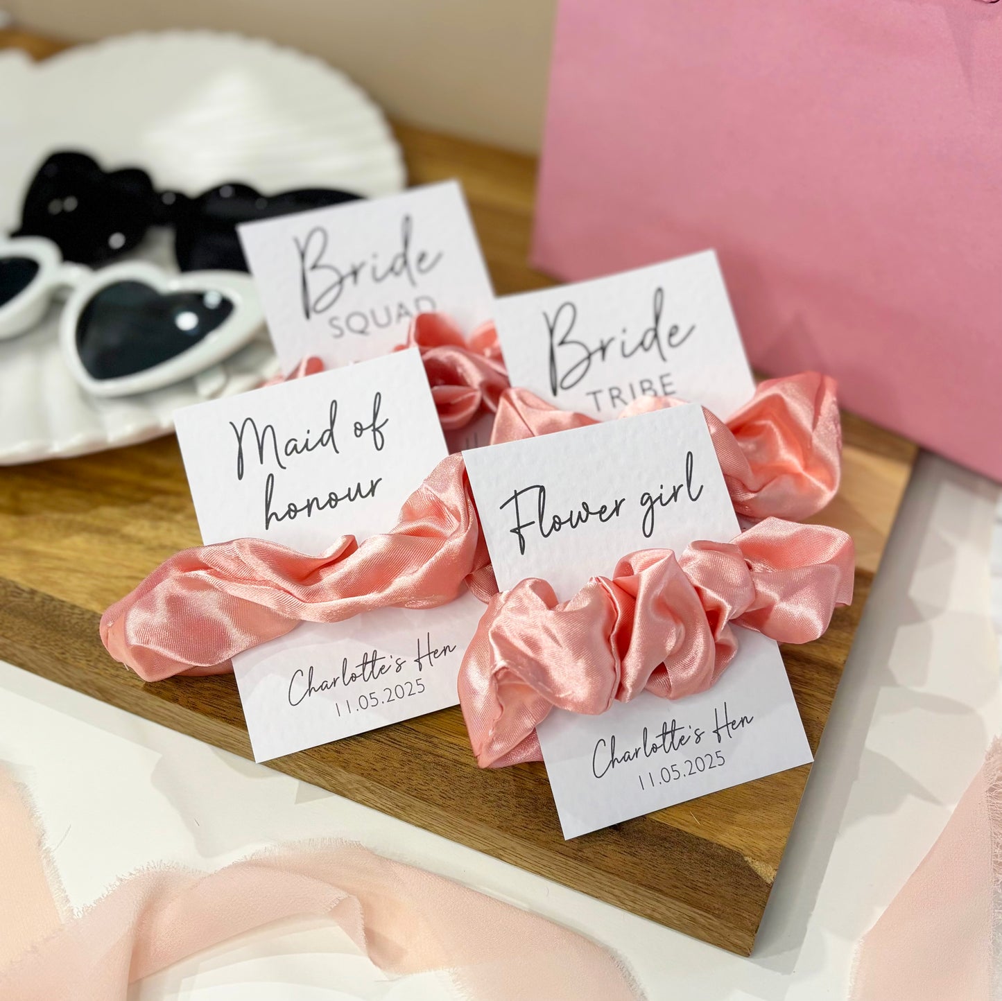 Personalised Pink Satin Hen Party Hair Scrunchies