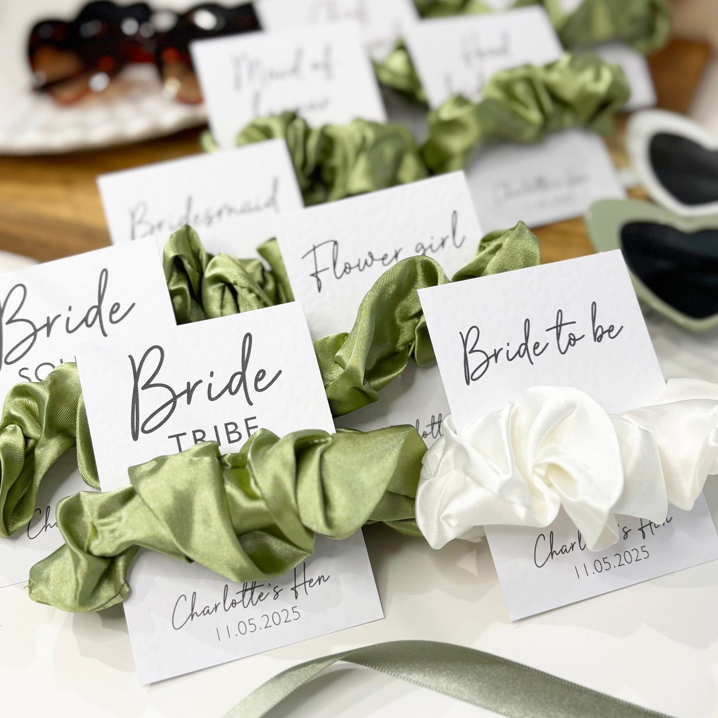 Personalised Sage Satin Green Hen Party Hair Scrunchies