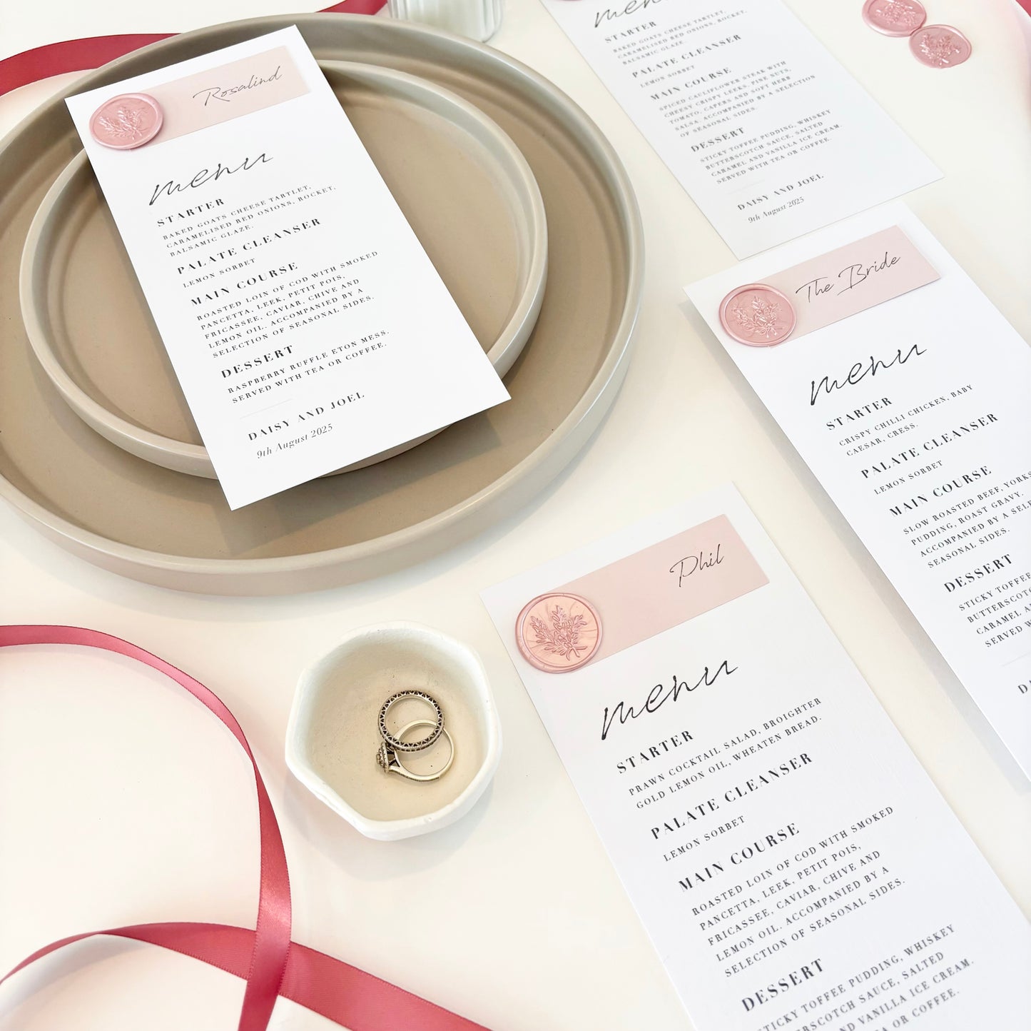 The Wren - Individual Wax Seal Minimalist Menu Card & Name