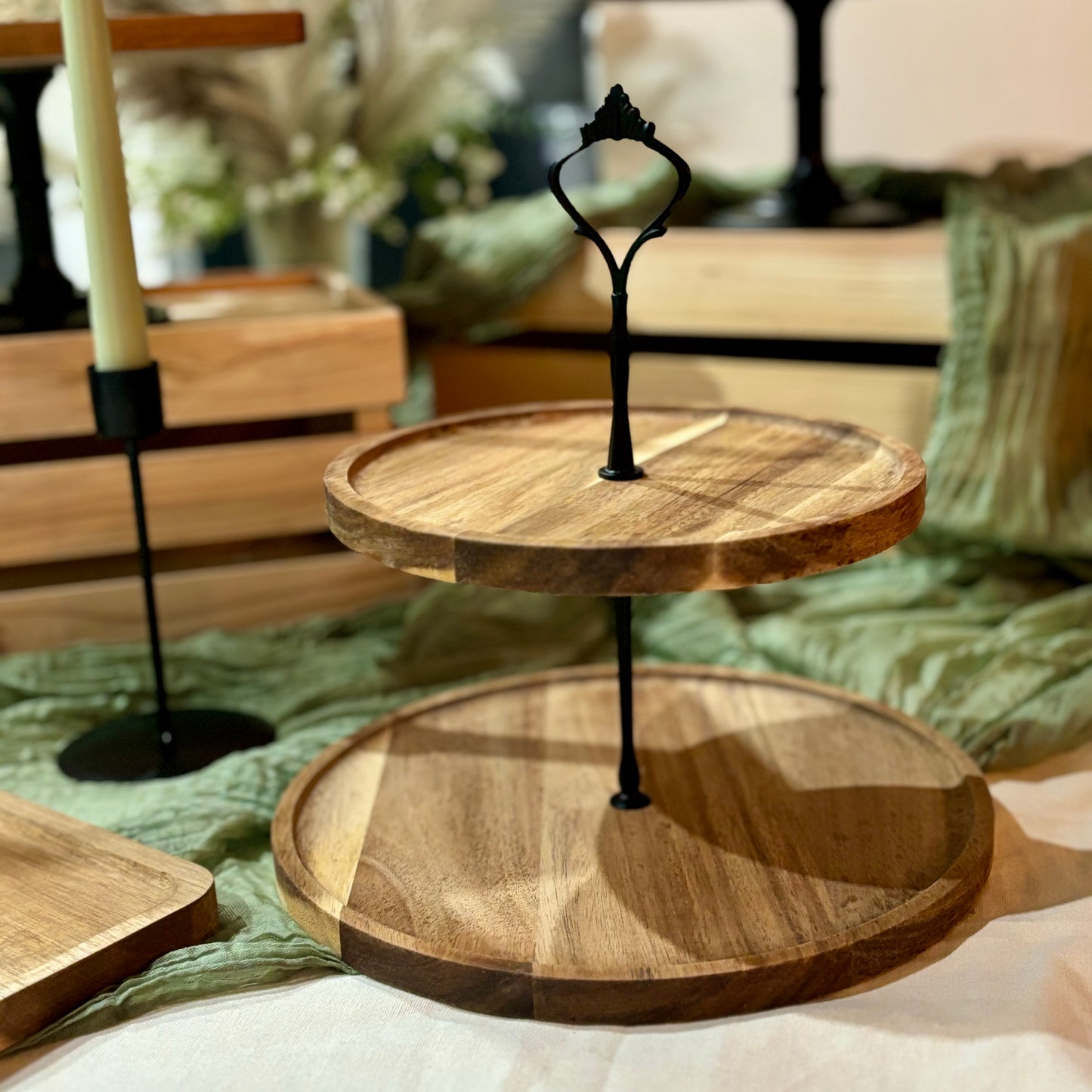 Acacia Wood 2 Tiered Cake Stand