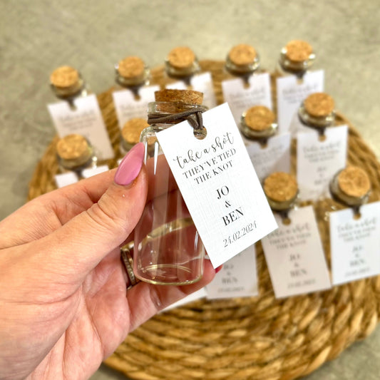 Personalised Take A Shot They’ve Tied The Knot Shot Bottles & Tags