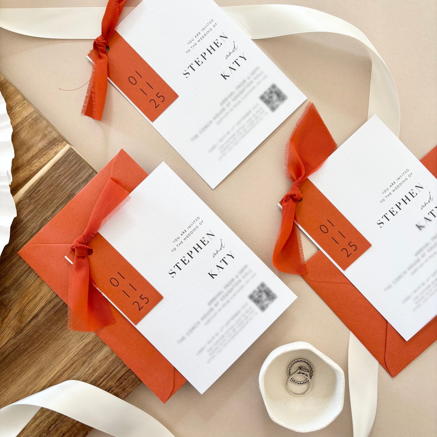 The Sophie - Luxury Ribbon Wedding Invitation & Envelope | Simple stationery | Personalised invitation | Sage green, Pink, Dusky Blue, Burnt Orange