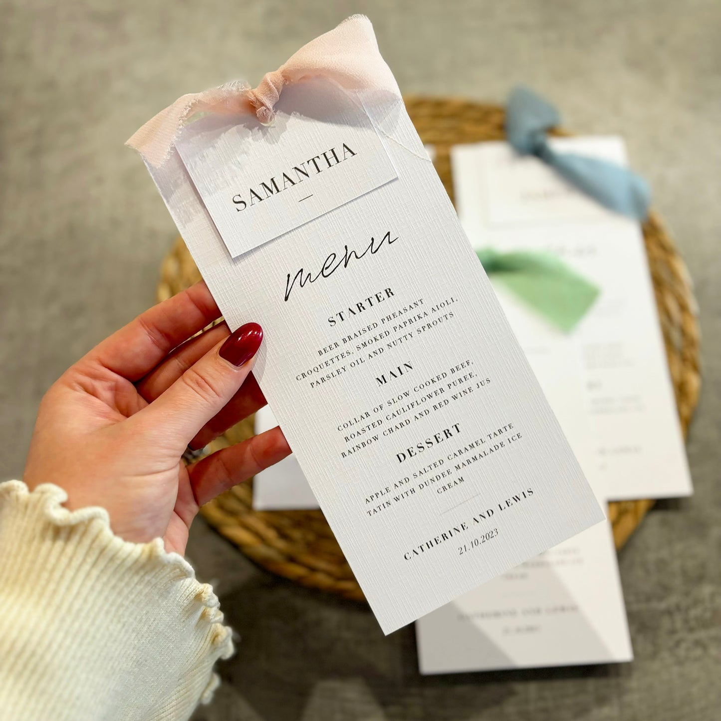 The Martha - Individual Minimalist Menu Card, Name & Ribbon