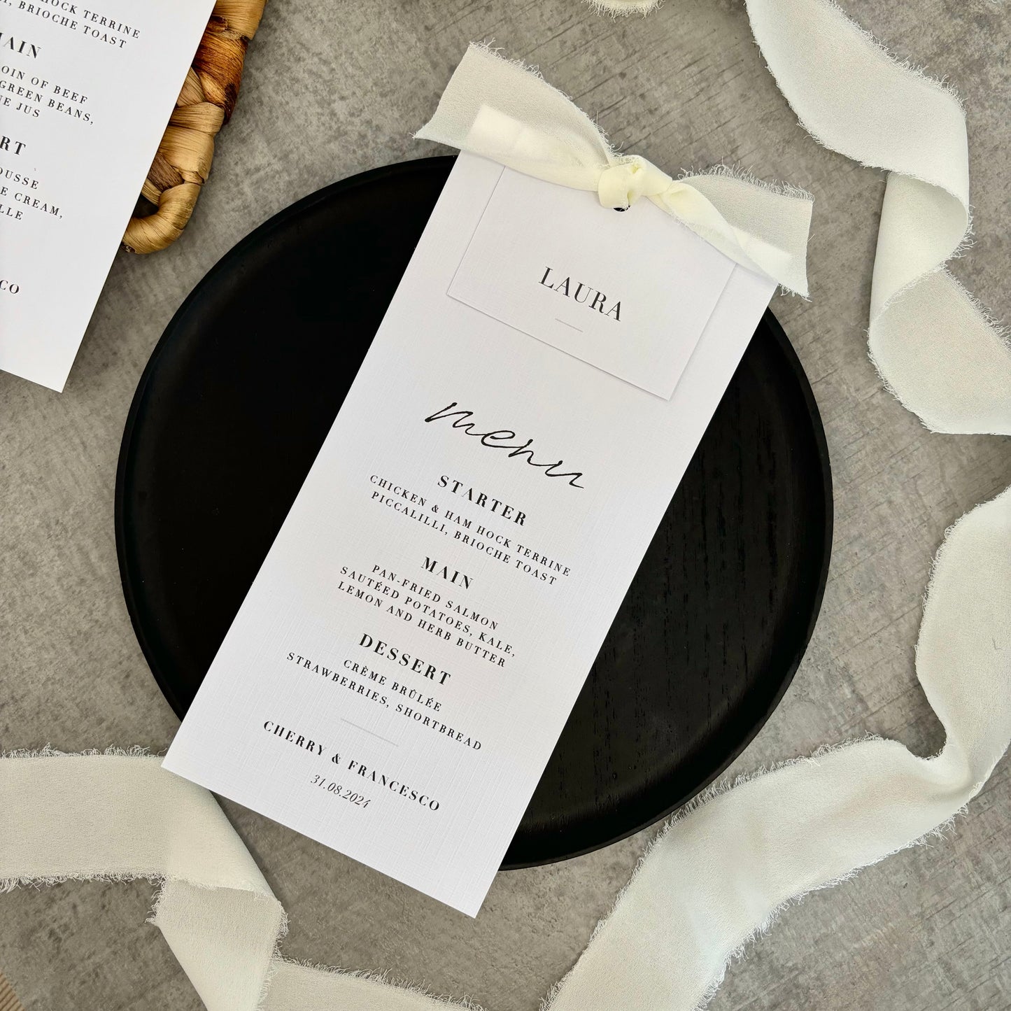 The Martha - Individual Minimalist Menu Card, Name & Ribbon