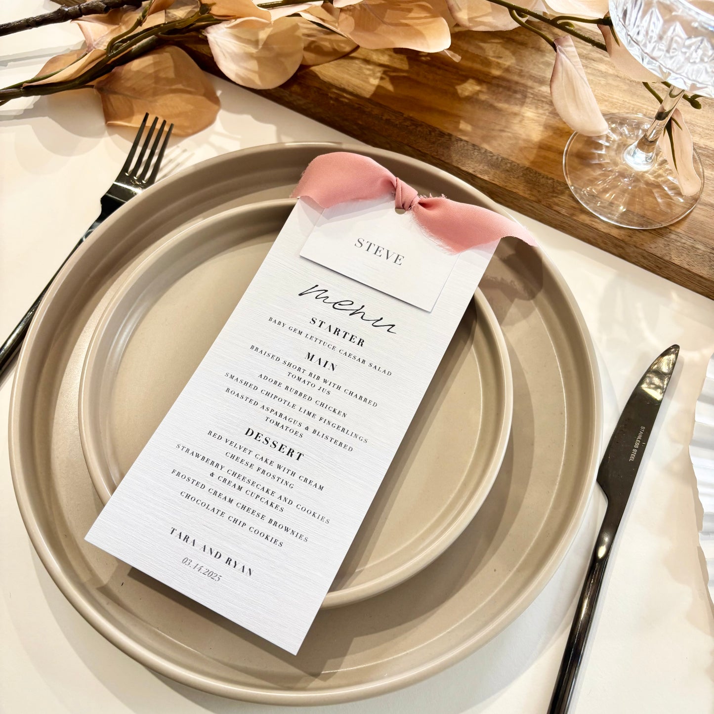 The Martha - Individual Minimalist Menu Card, Name & Ribbon