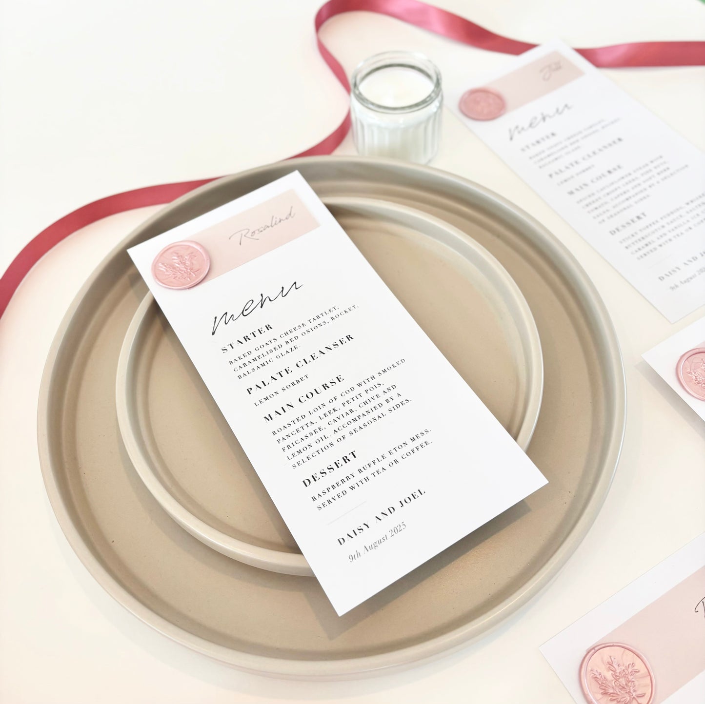 The Wren - Individual Wax Seal Minimalist Menu Card & Name