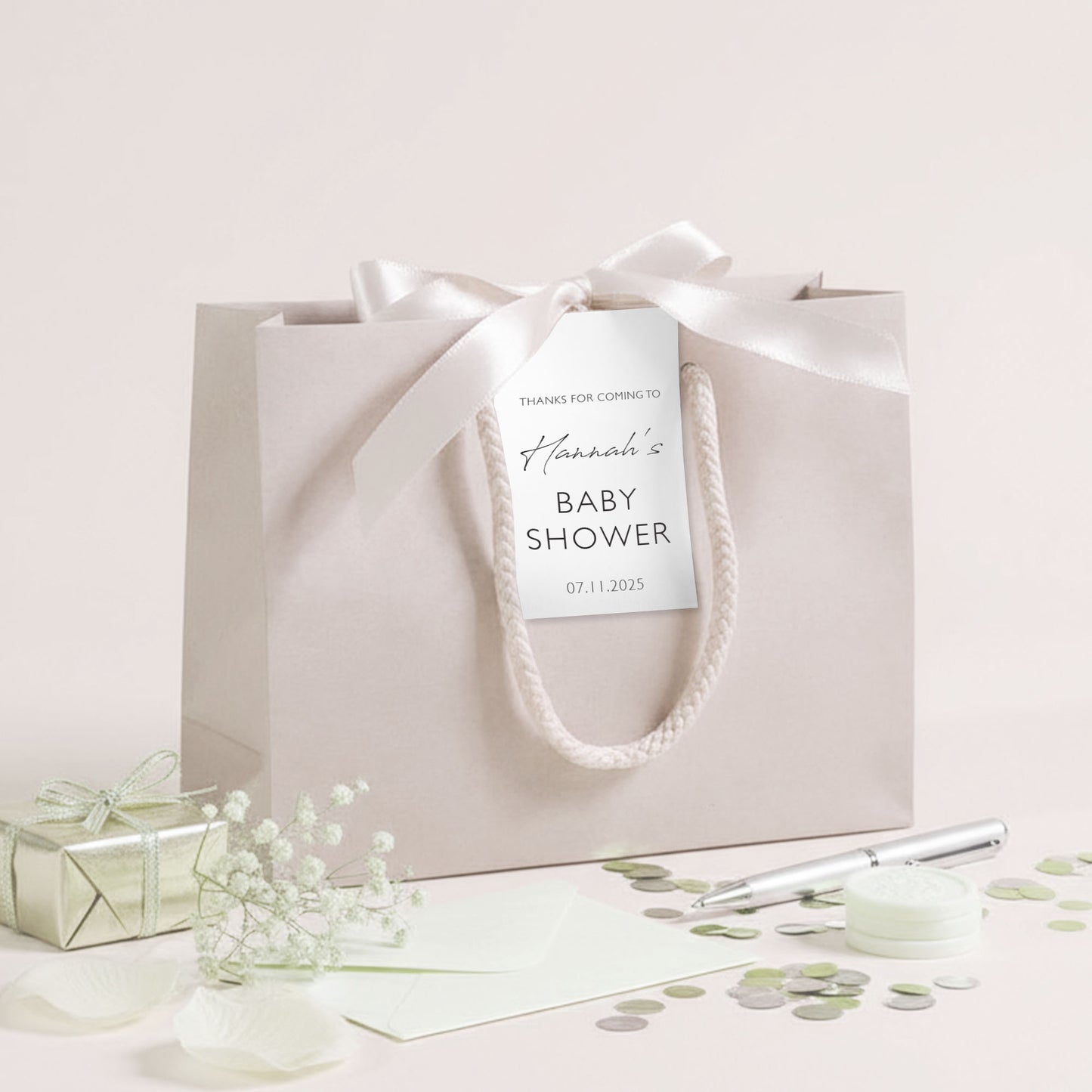 Personalised Baby Shower Party Bags with Custom Tag | Baby Shower Favours | Personalised Name Ribbon Gift Bag | Baby Shower Gifts